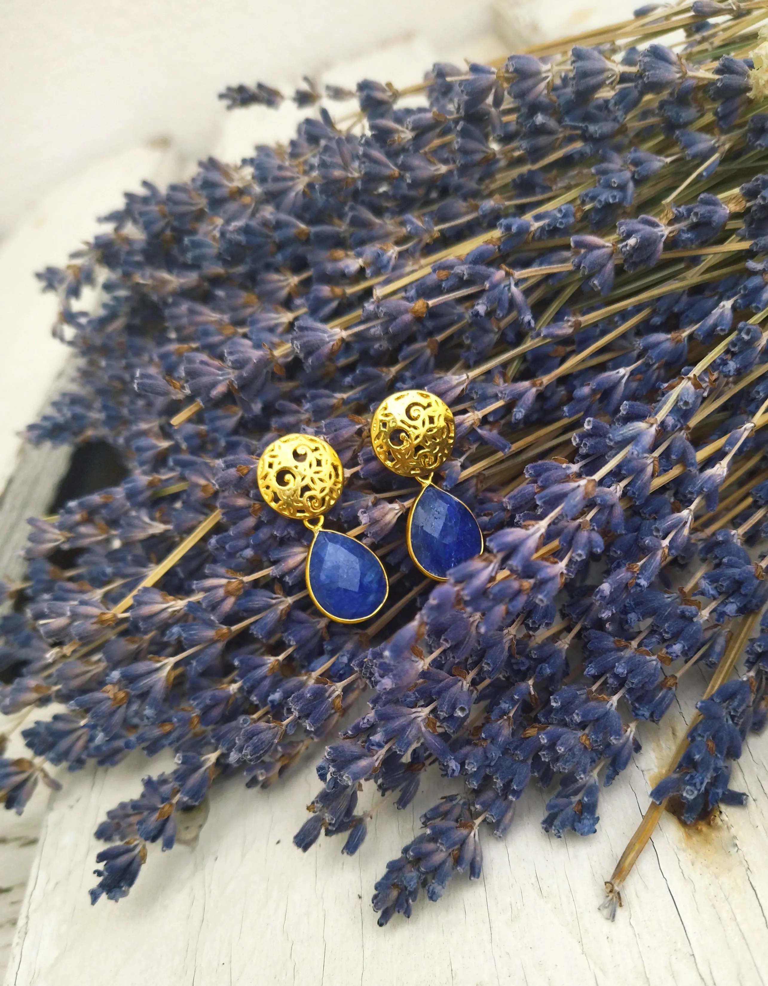 22k Gold Filled Royal Blue Lapis Etruscan Earrings, January Birthstone Gift For Her