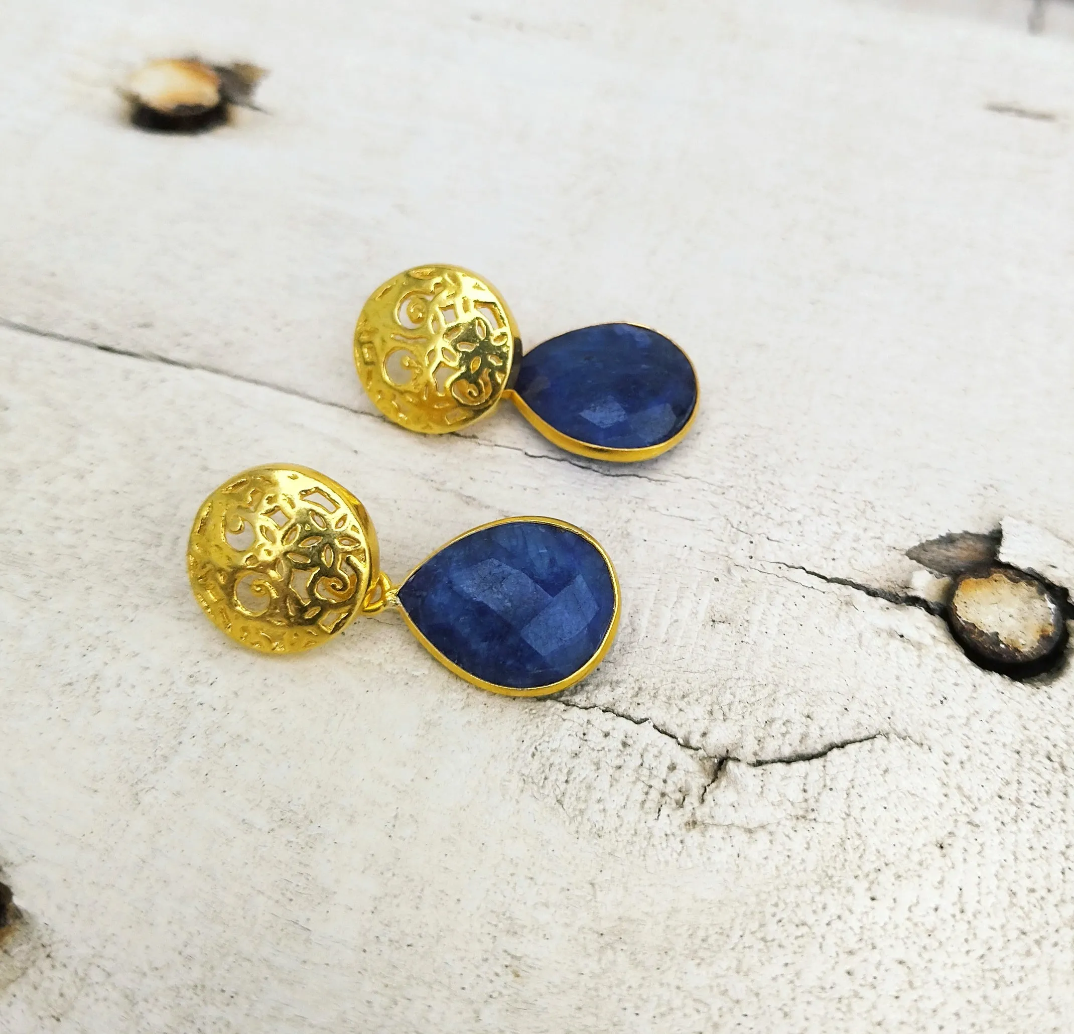22k Gold Filled Royal Blue Lapis Etruscan Earrings, January Birthstone Gift For Her