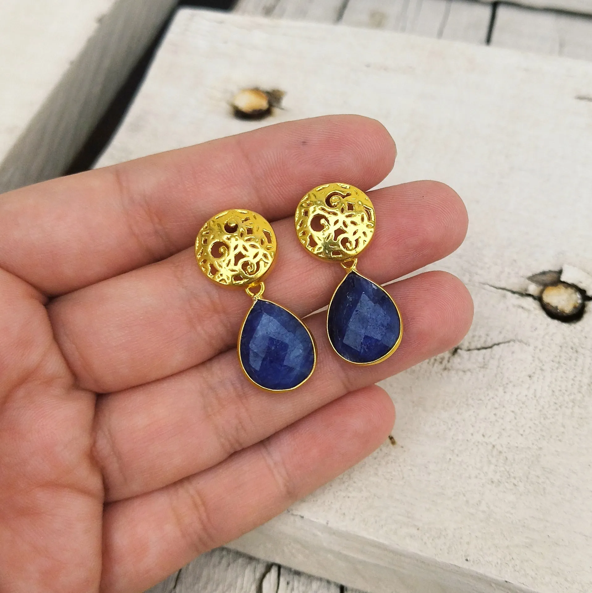 22k Gold Filled Royal Blue Lapis Etruscan Earrings, January Birthstone Gift For Her