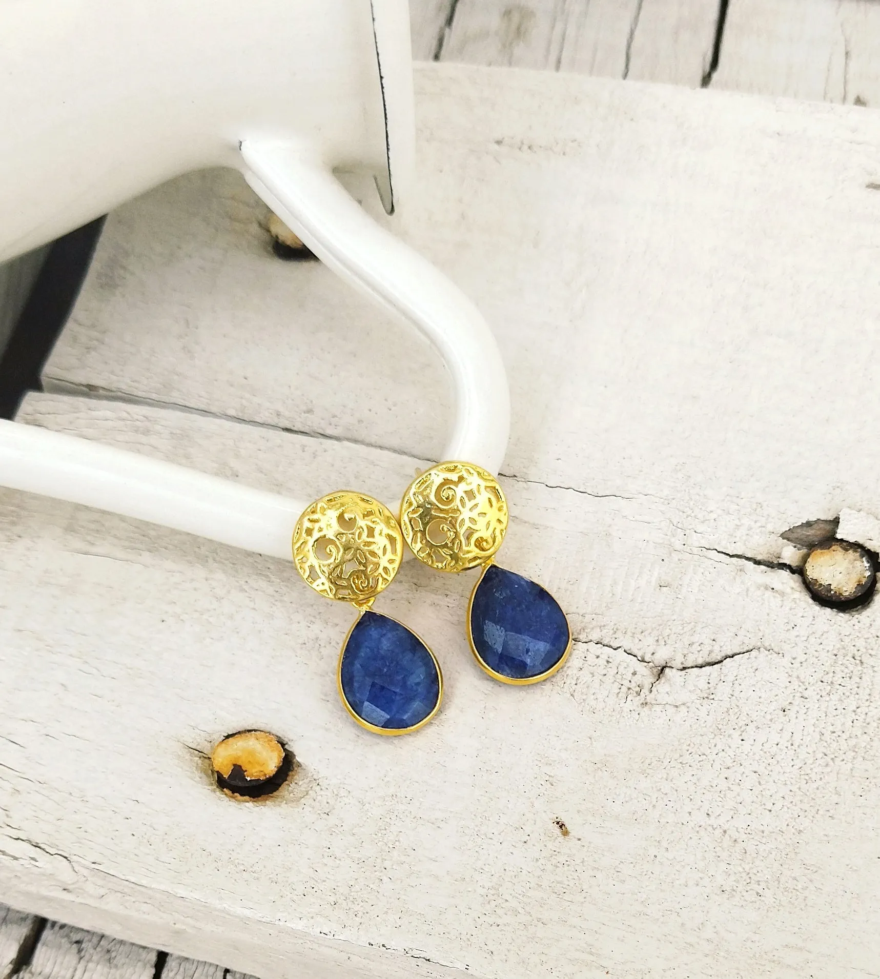22k Gold Filled Royal Blue Lapis Etruscan Earrings, January Birthstone Gift For Her