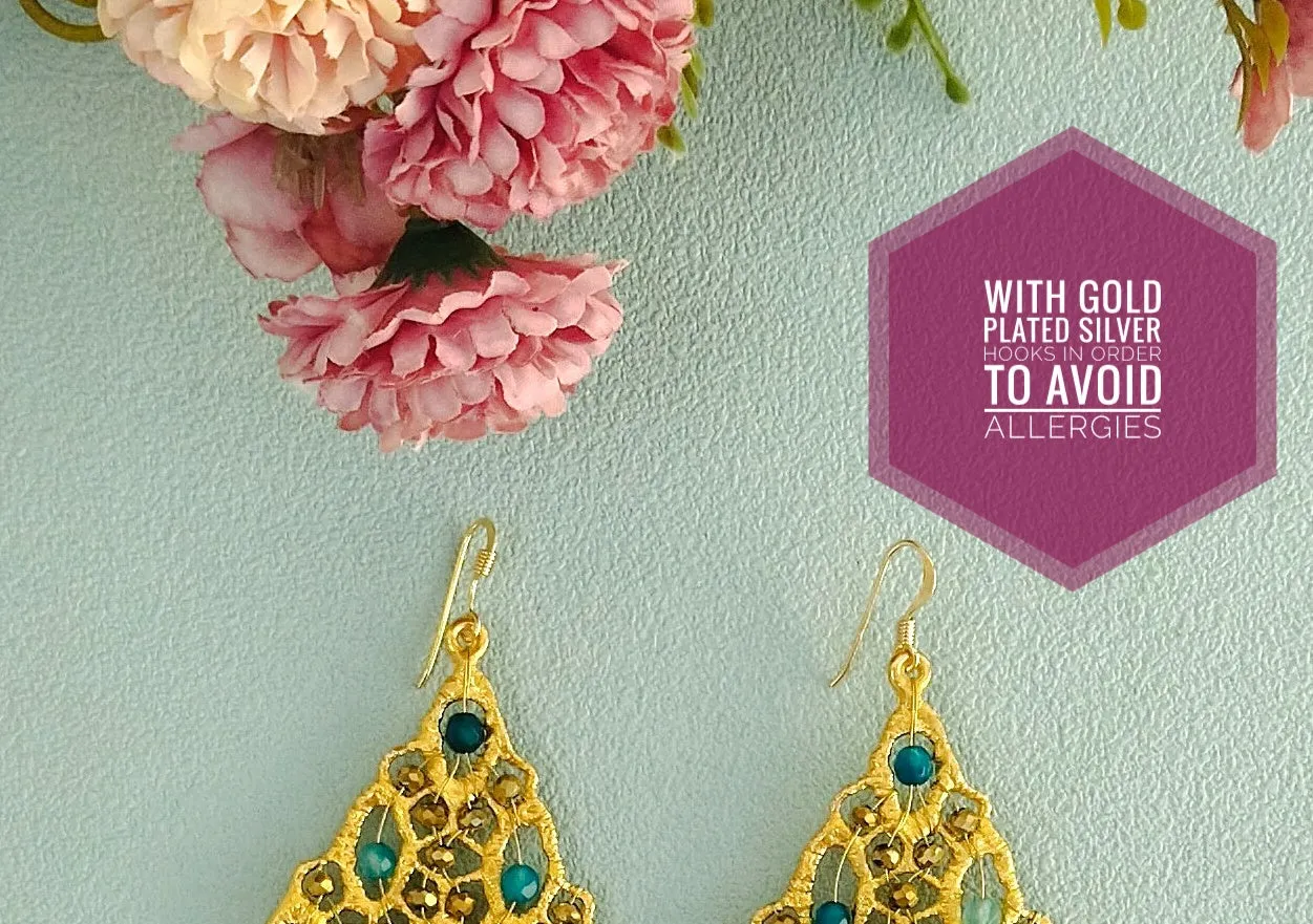 24k Gold Blue Jade Dangle Earrings, Statement Rhombus Earrings