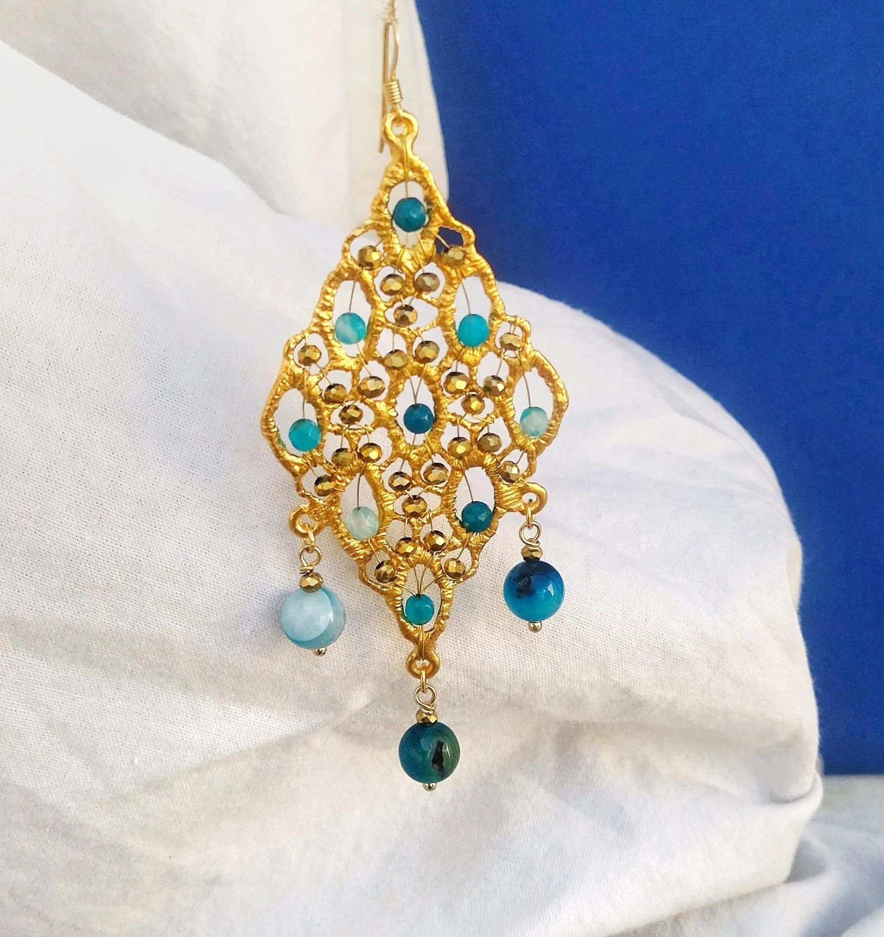 24k Gold Blue Jade Dangle Earrings, Statement Rhombus Earrings