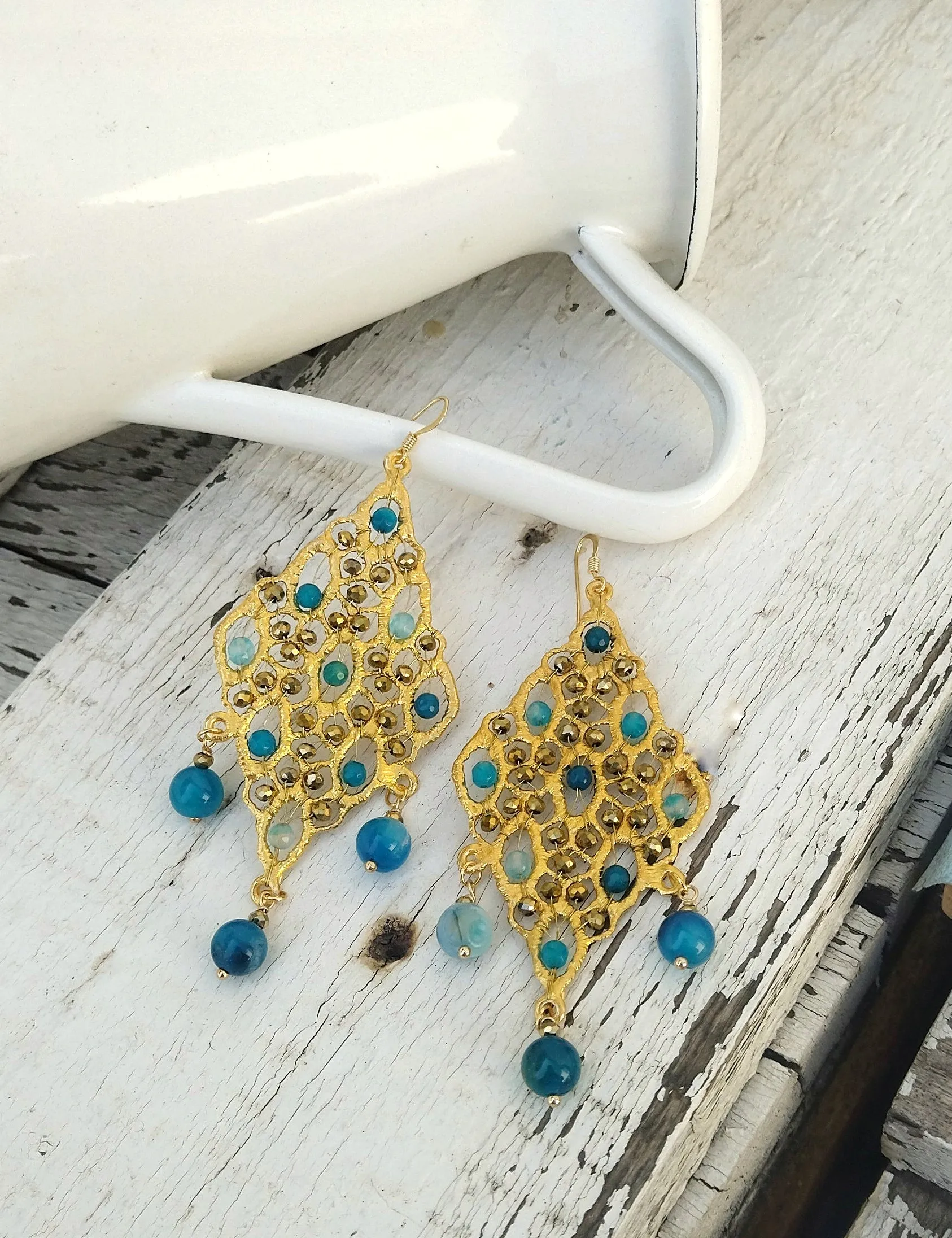 24k Gold Blue Jade Dangle Earrings, Statement Rhombus Earrings