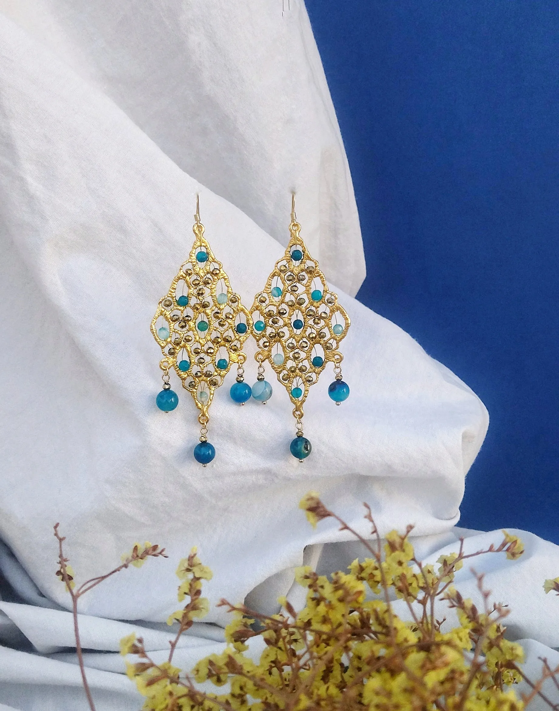 24k Gold Blue Jade Dangle Earrings, Statement Rhombus Earrings