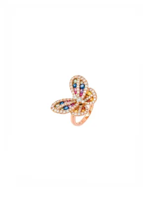 3.16ct Diamond Multi Color Sapphire 18K Gold Cocktail Butterfly Ring