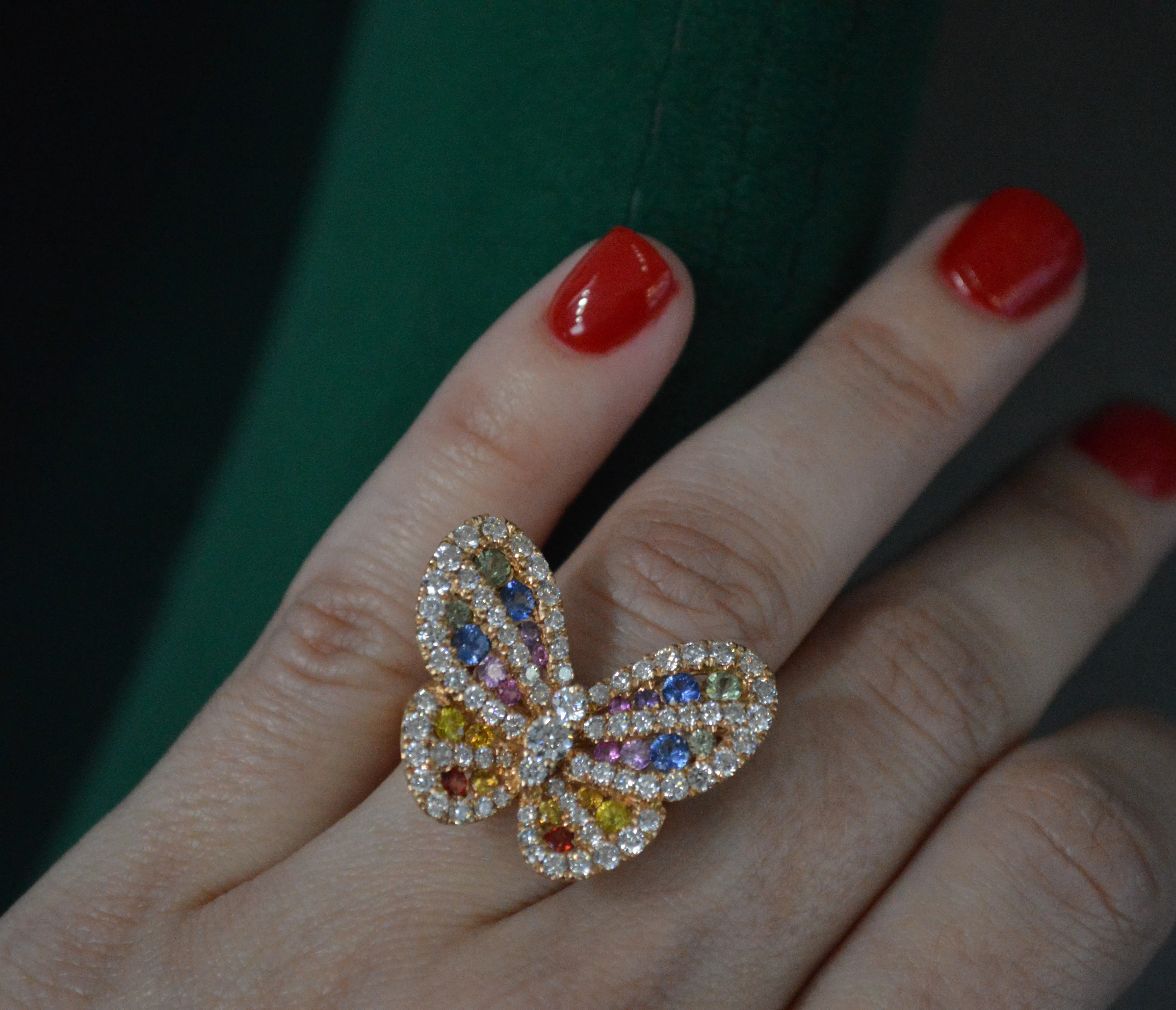 3.16ct Diamond Multi Color Sapphire 18K Gold Cocktail Butterfly Ring