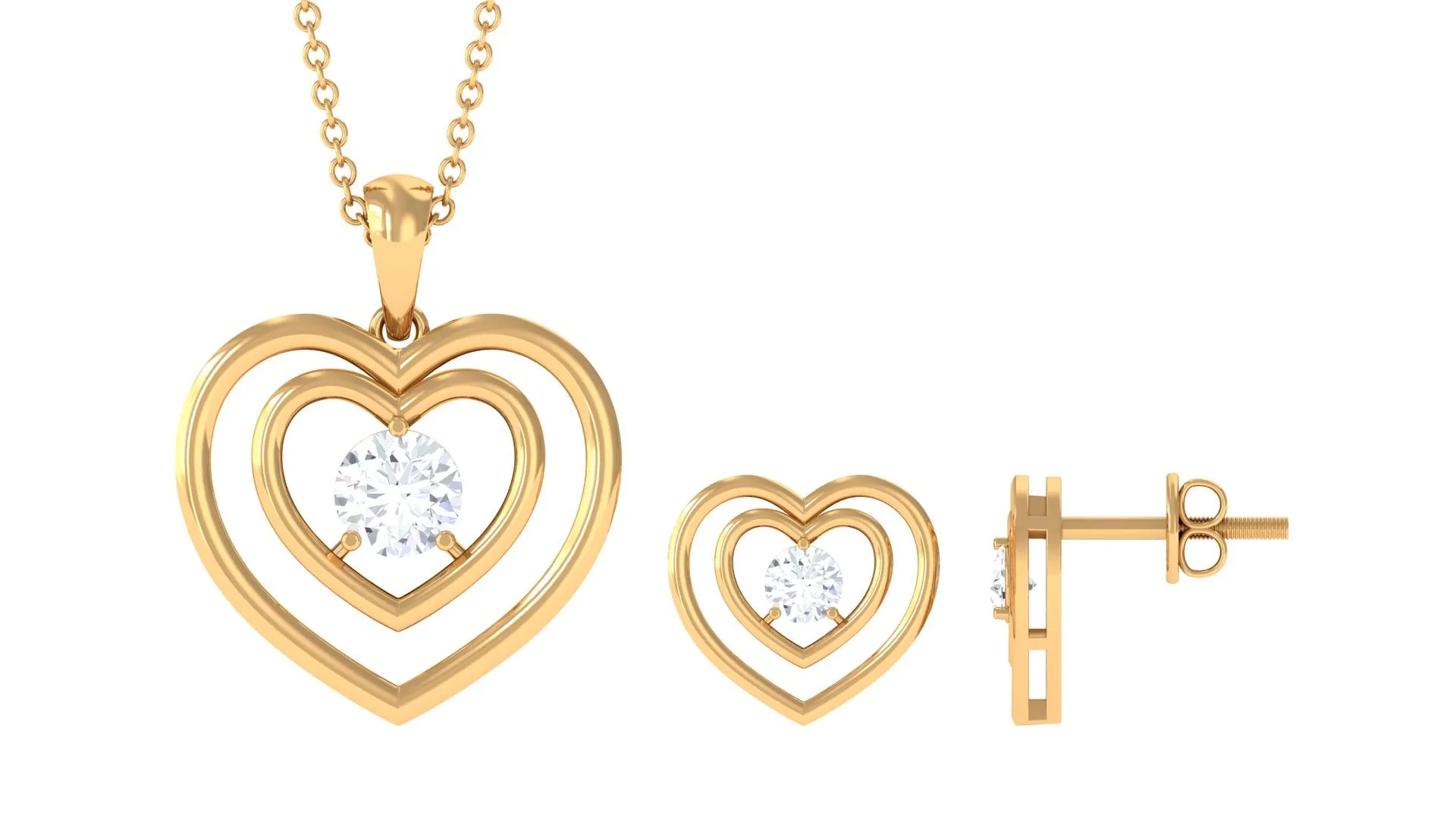3/4 CT Round Cut Cubic Zirconia Gold Heart Pendant Earrings Set