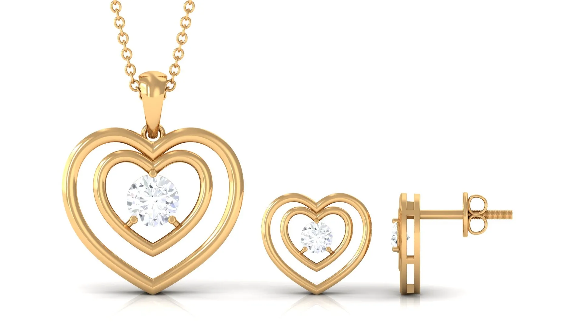 3/4 CT Round Cut Cubic Zirconia Gold Heart Pendant Earrings Set