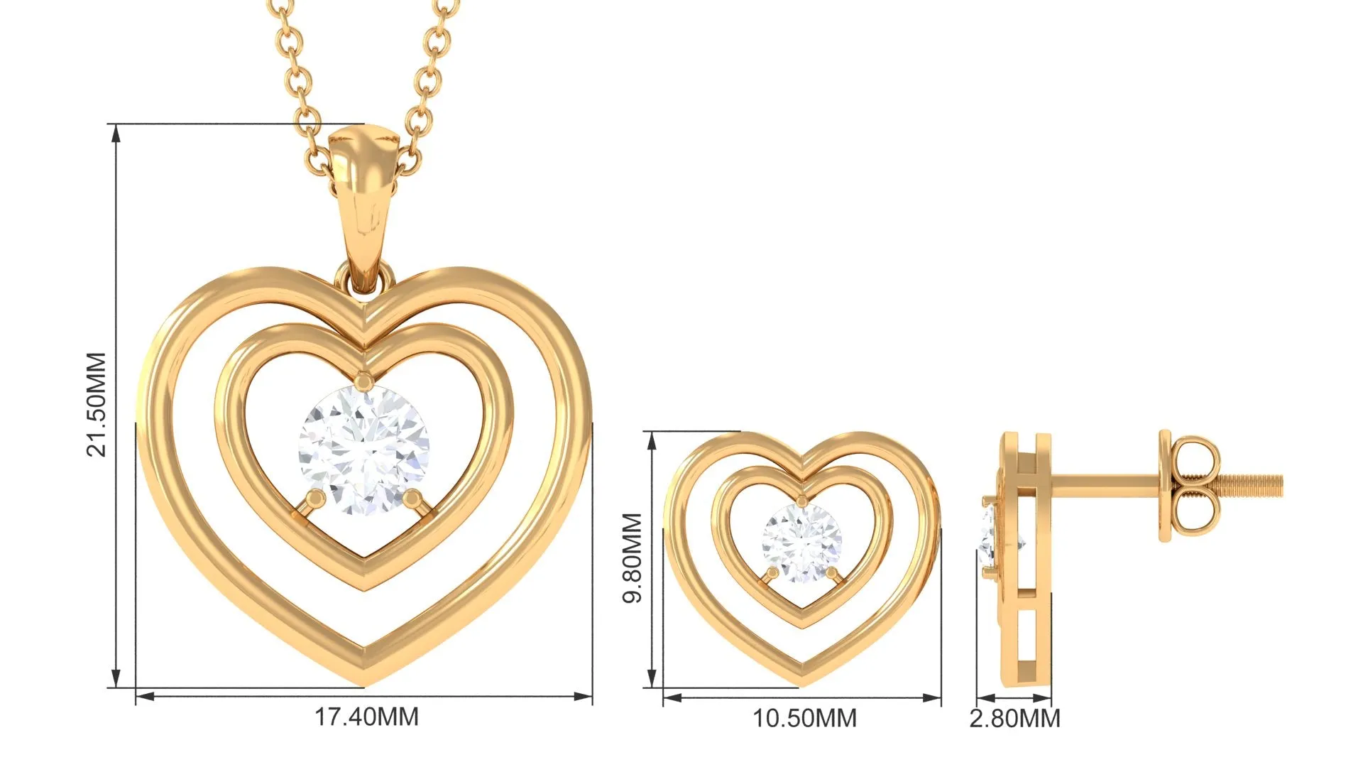 3/4 CT Round Cut Cubic Zirconia Gold Heart Pendant Earrings Set