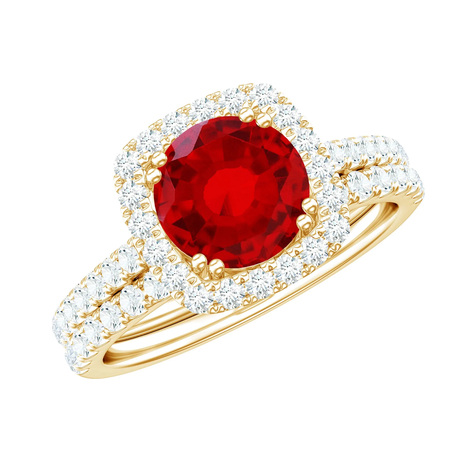 3.75 CT Created Ruby Bridal Ring Set with Moissanite in Gold