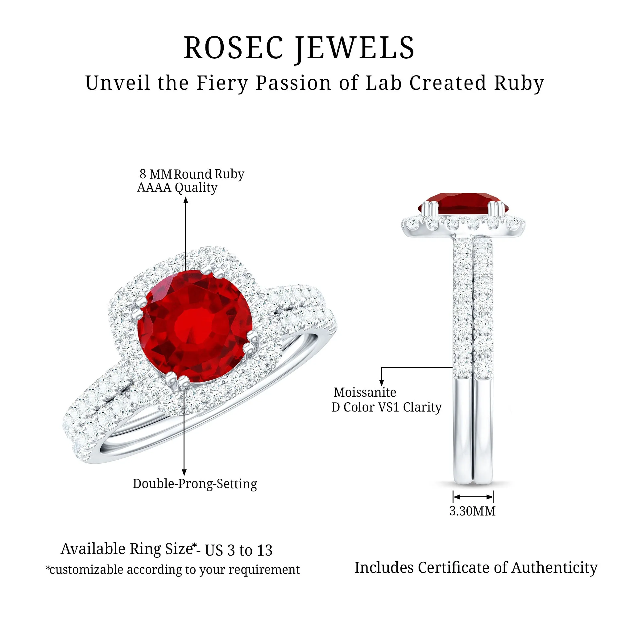 3.75 CT Created Ruby Bridal Ring Set with Moissanite in Gold