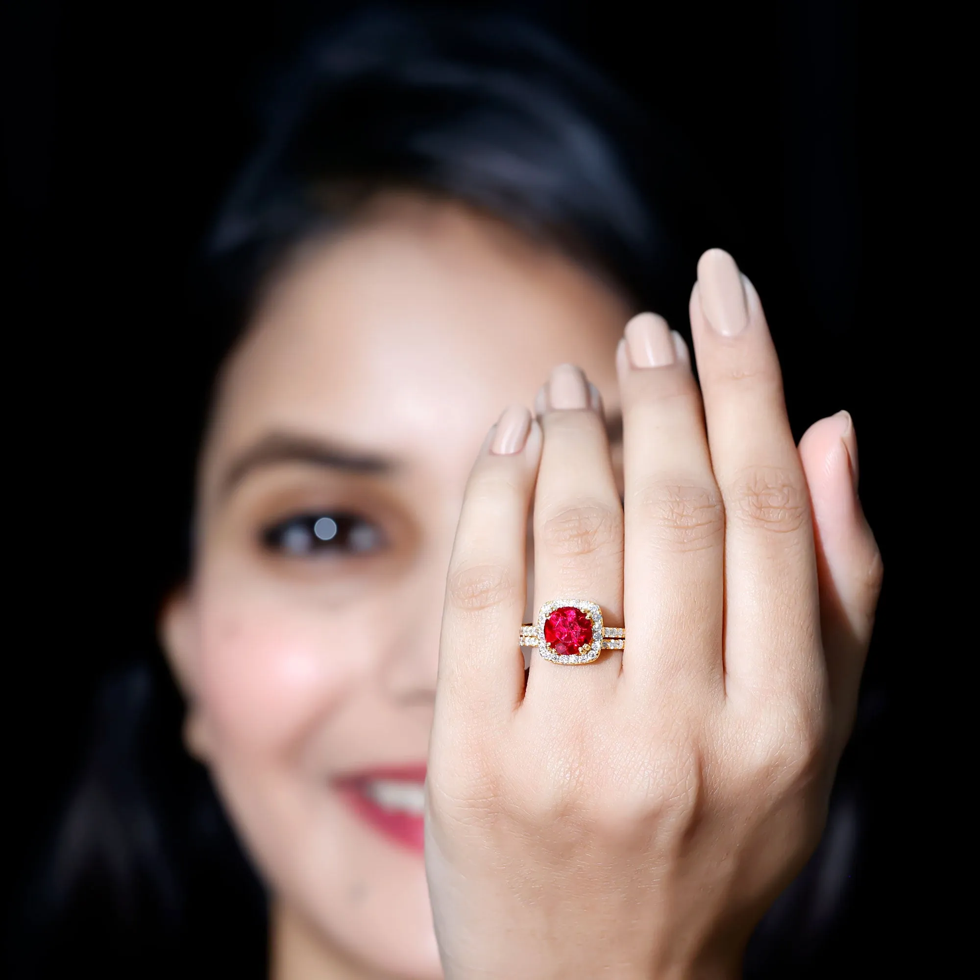 3.75 CT Created Ruby Bridal Ring Set with Moissanite in Gold