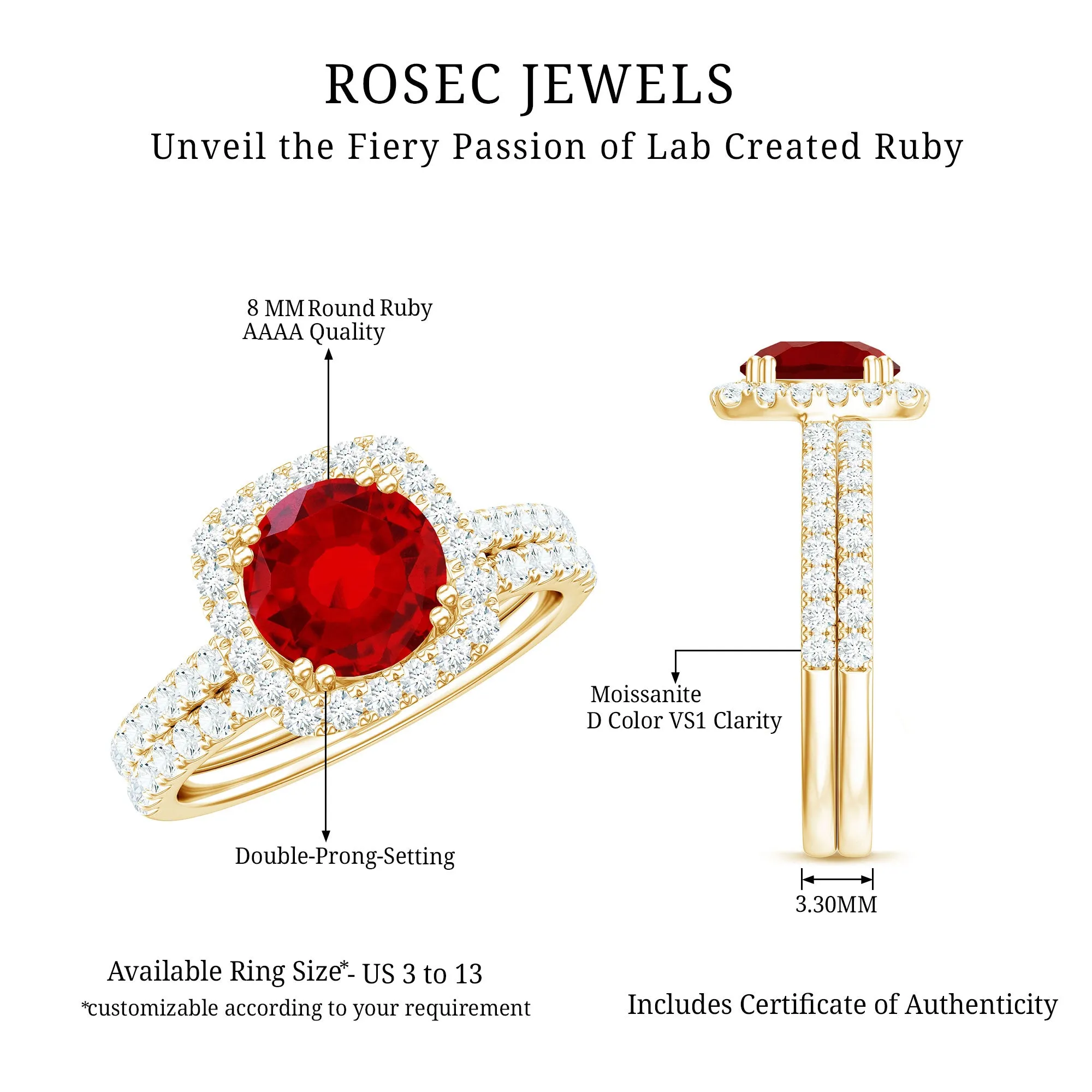 3.75 CT Created Ruby Bridal Ring Set with Moissanite in Gold
