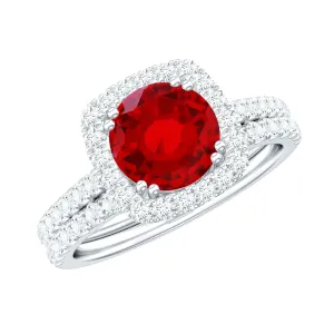 3.75 CT Created Ruby Bridal Ring Set with Moissanite in Gold