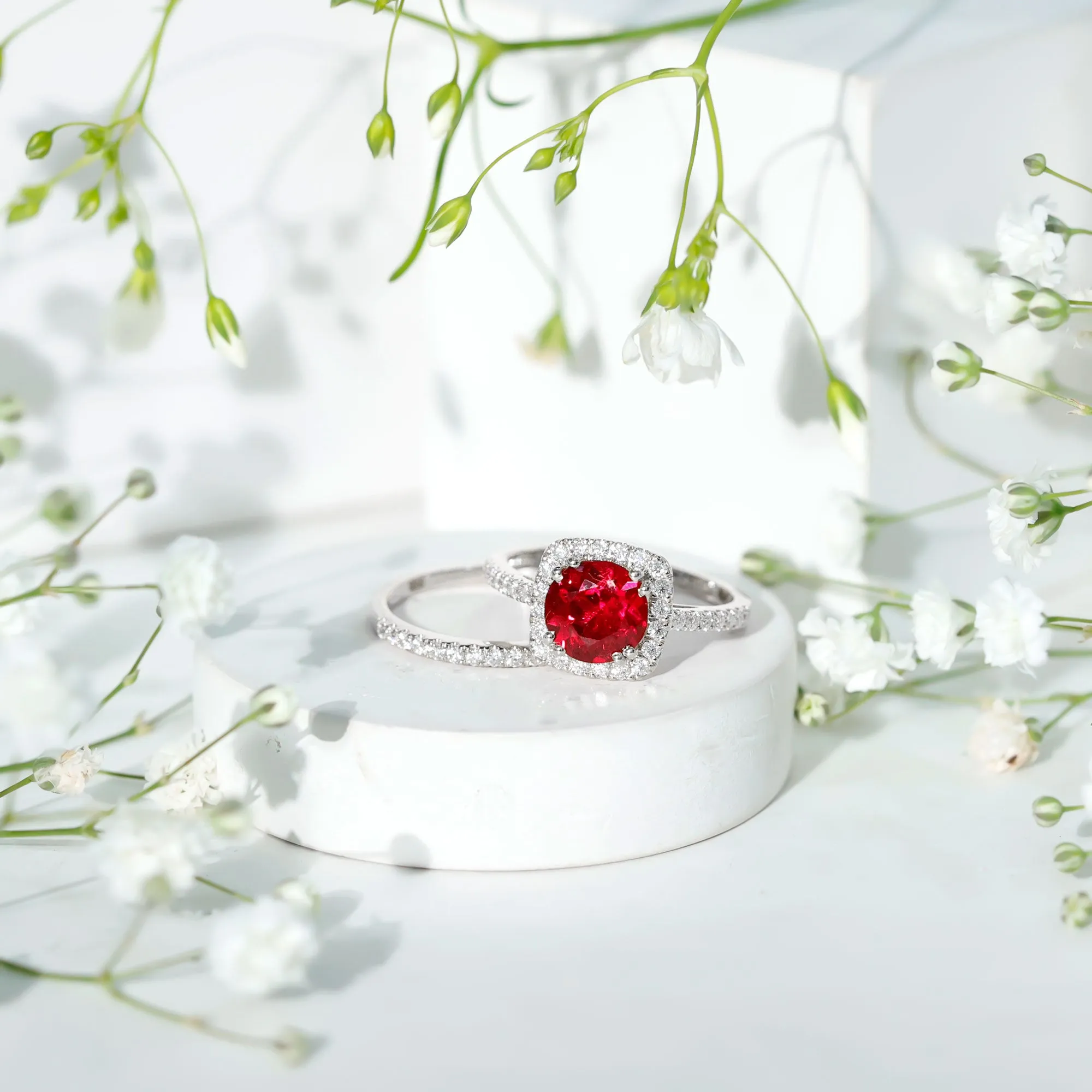 3.75 CT Created Ruby Bridal Ring Set with Moissanite in Gold