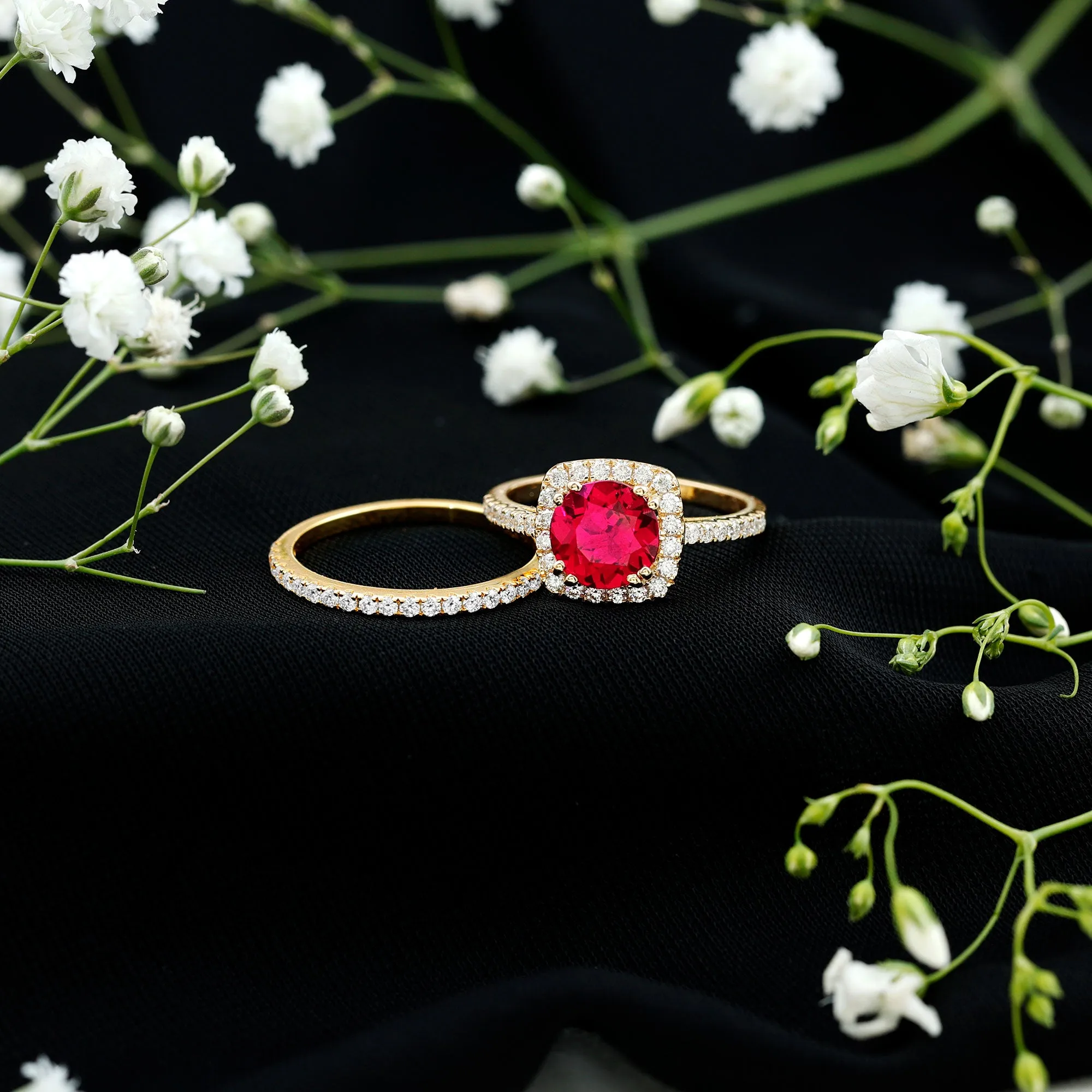 3.75 CT Created Ruby Bridal Ring Set with Moissanite in Gold