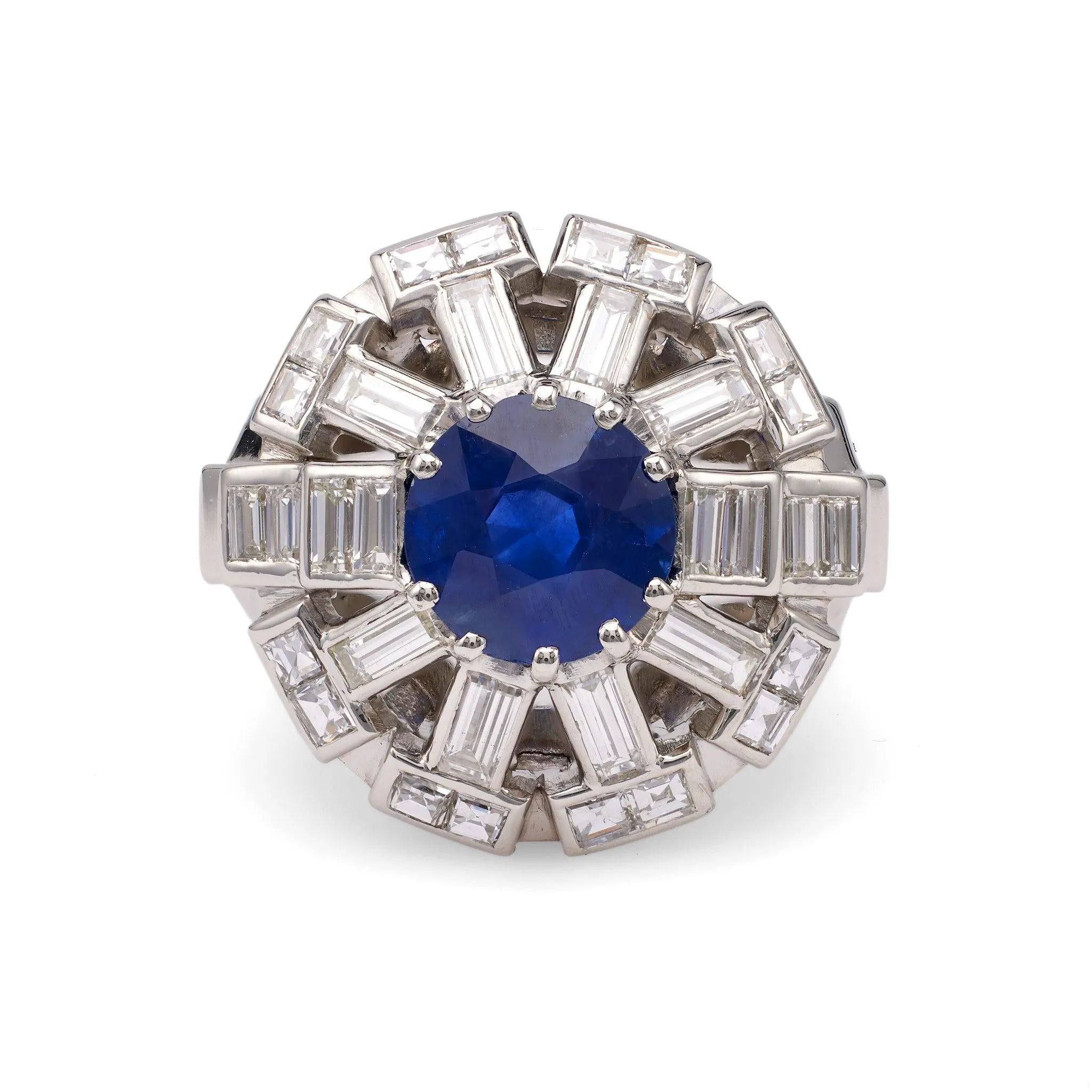 Art Deco French GIA 3.47 Carat Ceylon Sapphire Diamond Platinum Cocktail Ring