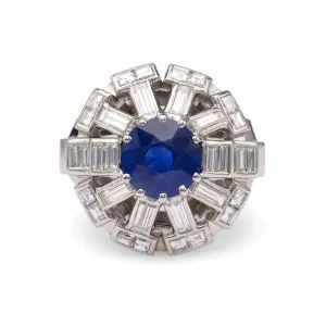 Art Deco French GIA 3.47 Carat Ceylon Sapphire Diamond Platinum Cocktail Ring