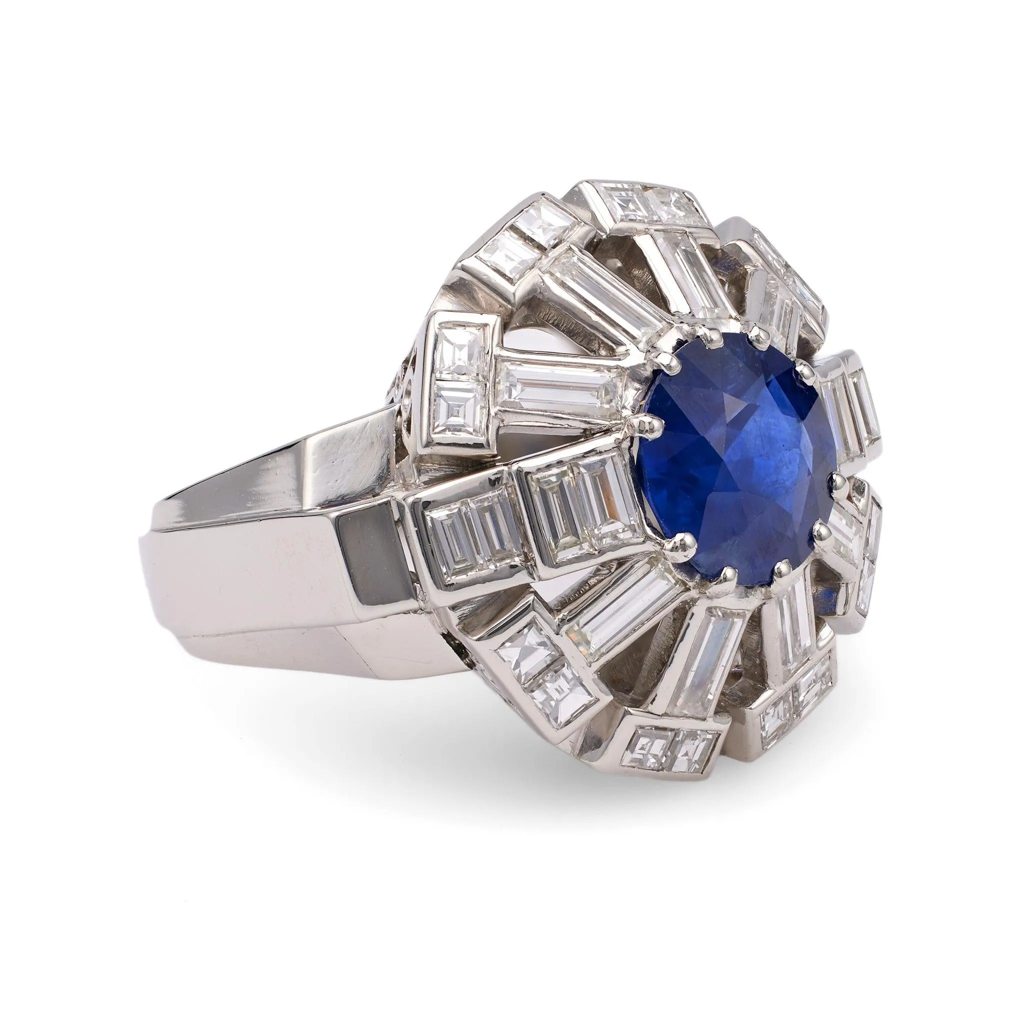 Art Deco French GIA 3.47 Carat Ceylon Sapphire Diamond Platinum Cocktail Ring