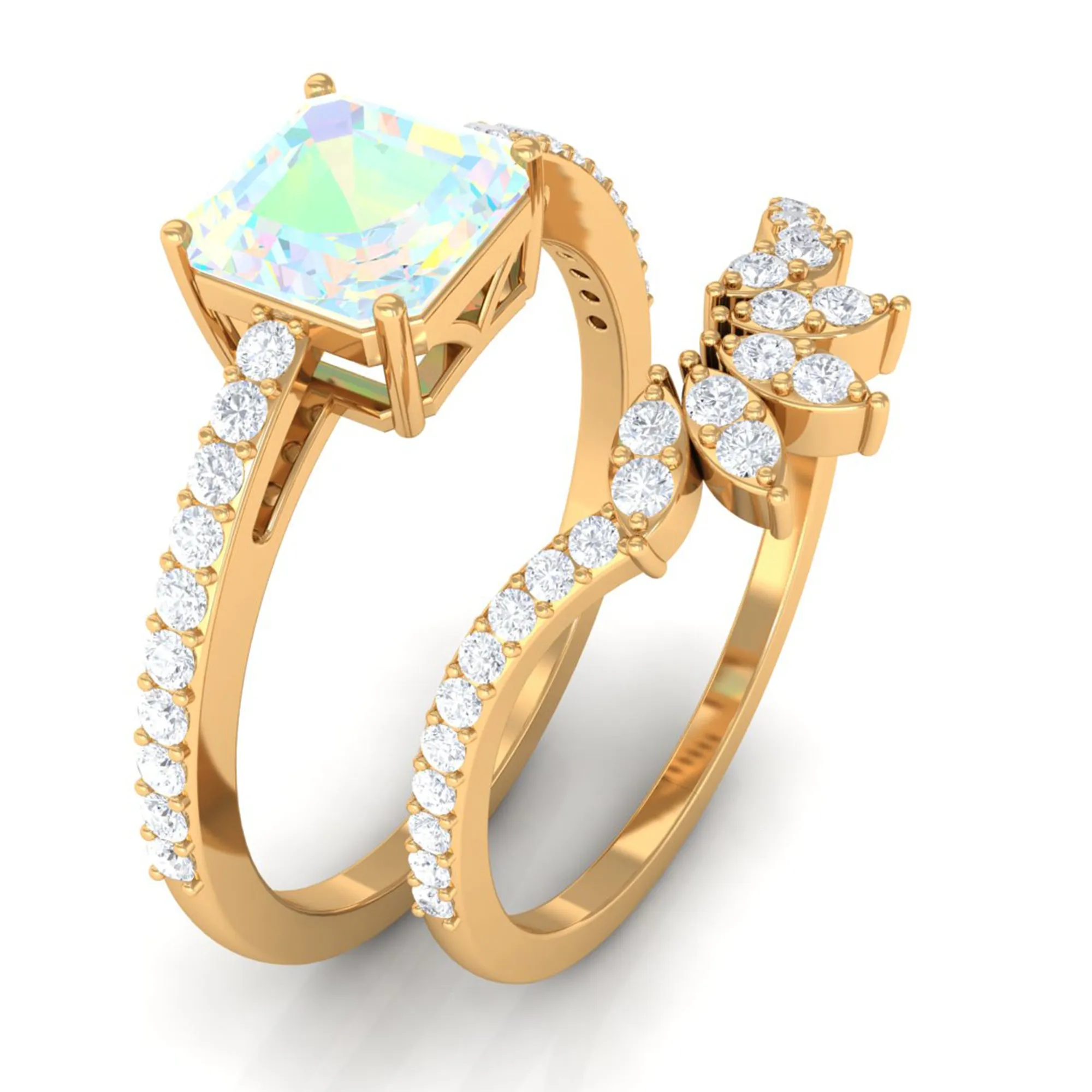 Asscher Cut Ethiopian Opal Solitaire Wedding Ring Set with Diamond Accent