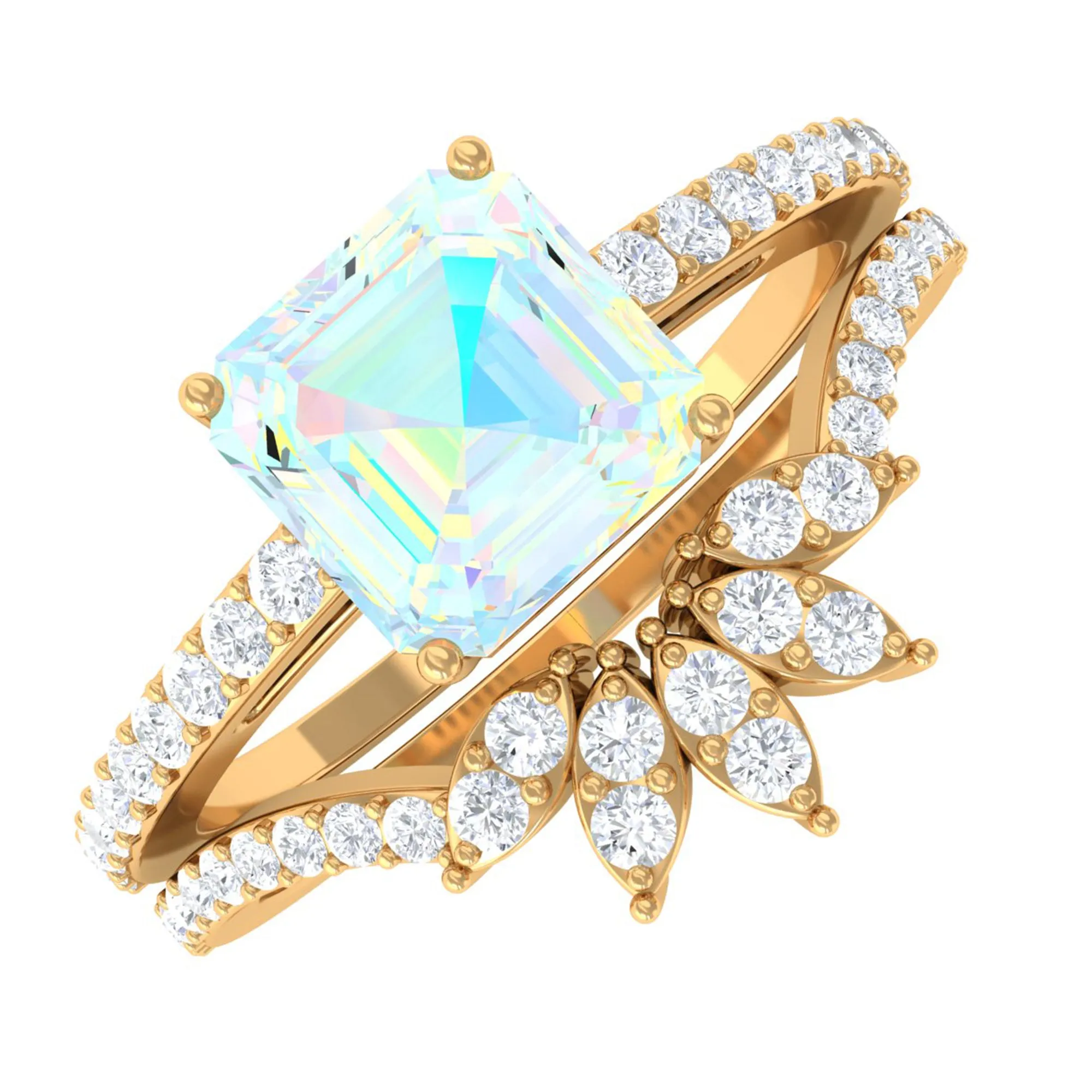 Asscher Cut Ethiopian Opal Solitaire Wedding Ring Set with Diamond Accent