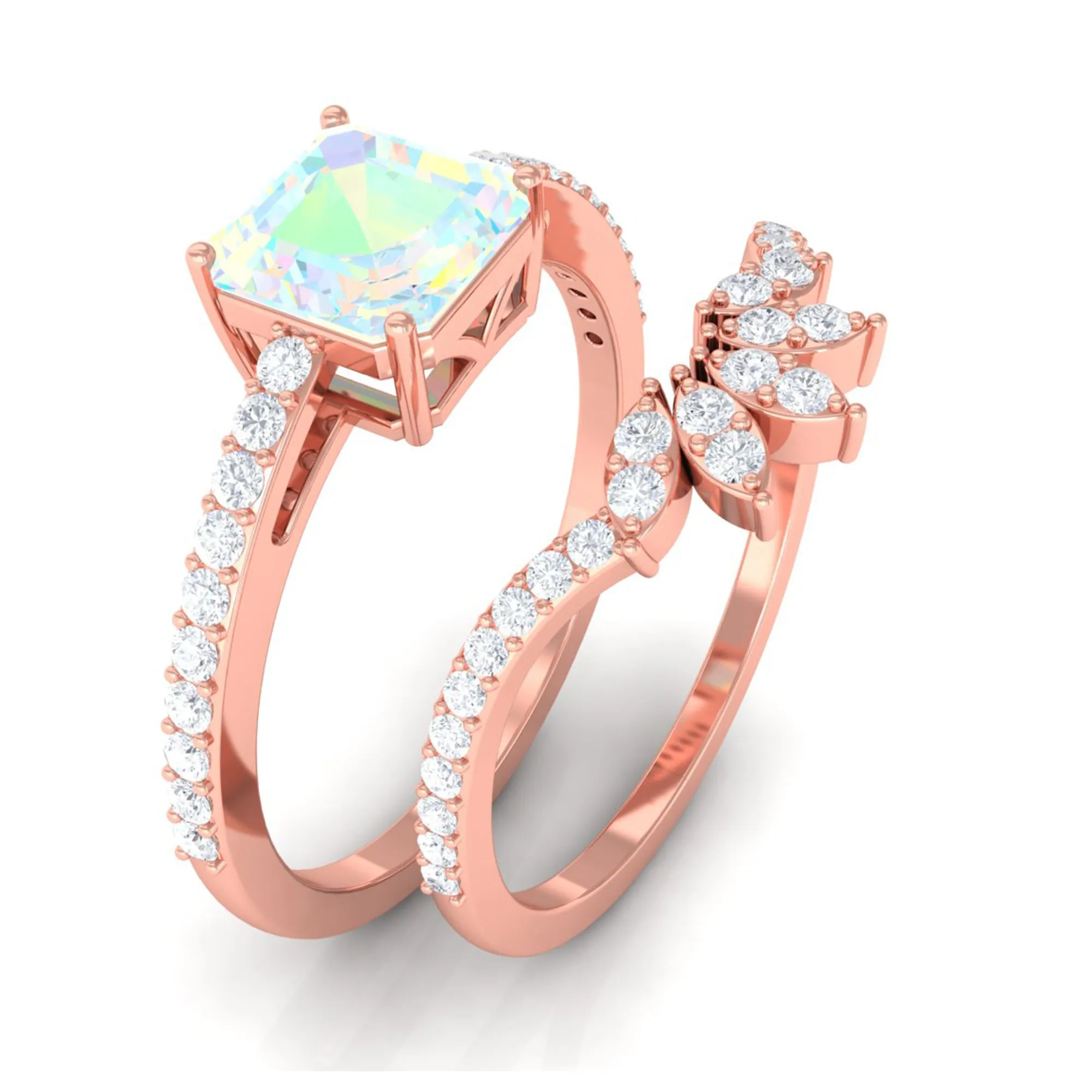 Asscher Cut Ethiopian Opal Solitaire Wedding Ring Set with Diamond Accent