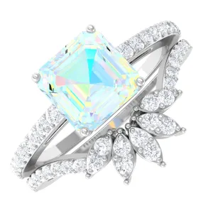 Asscher Cut Ethiopian Opal Solitaire Wedding Ring Set with Diamond Accent