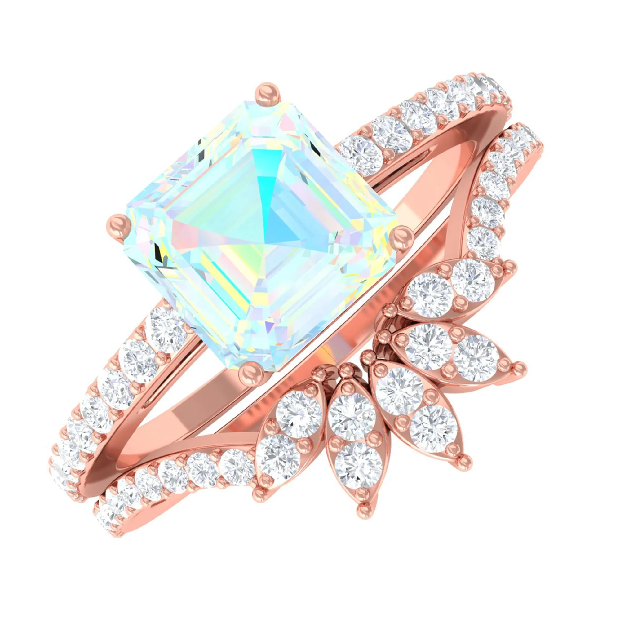 Asscher Cut Ethiopian Opal Solitaire Wedding Ring Set with Diamond Accent