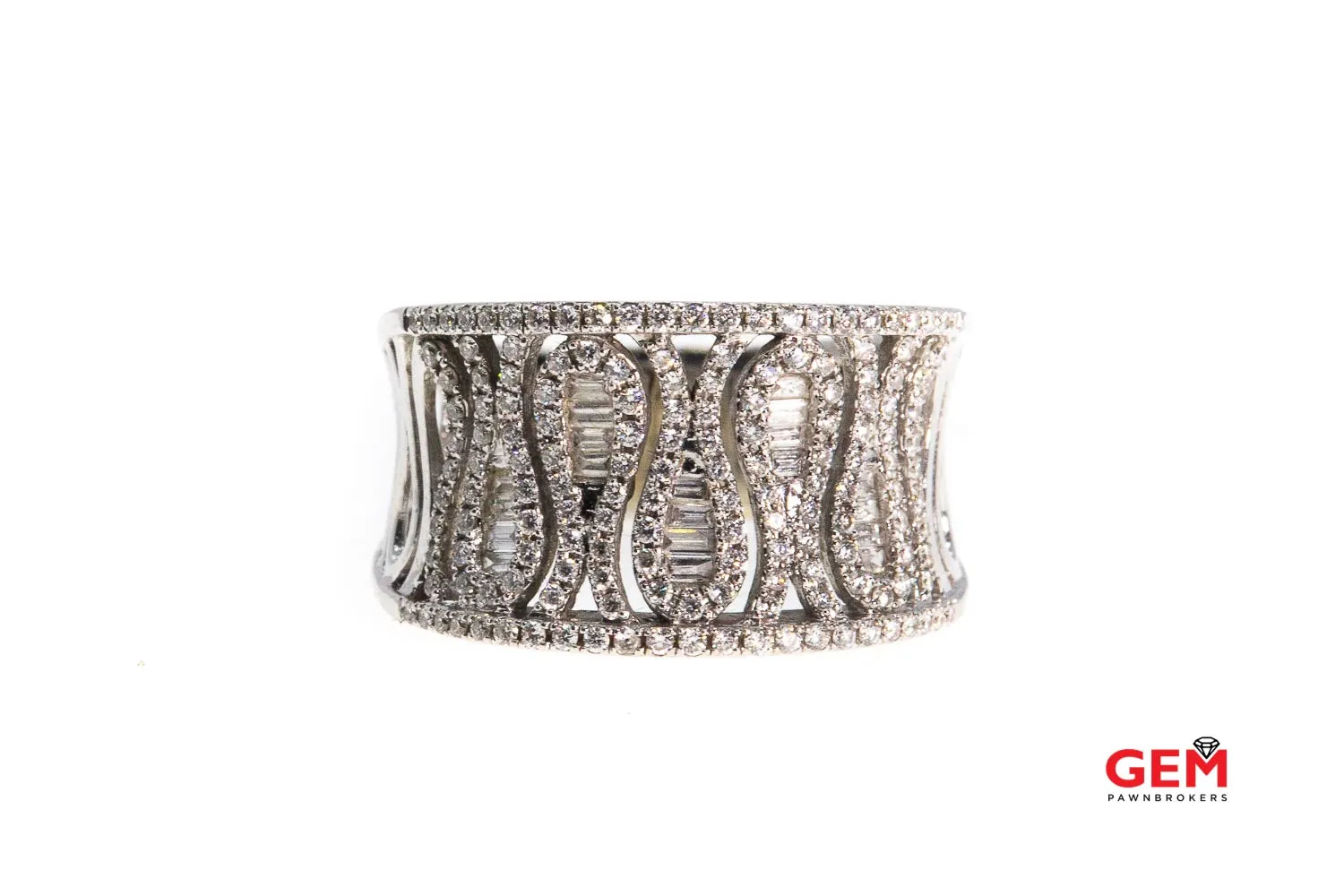 Baguette & Round Diamond Cluster Concave Zig Zag Cocktail 14K 585 White Gold Ring Size 8 1/2
