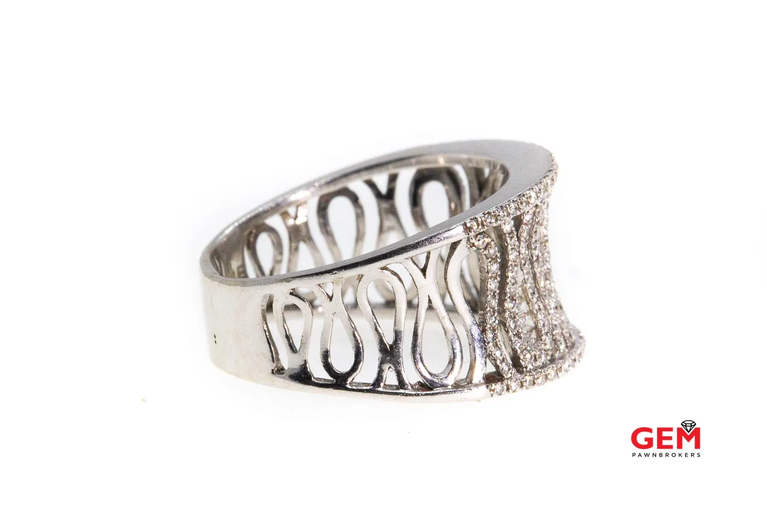 Baguette & Round Diamond Cluster Concave Zig Zag Cocktail 14K 585 White Gold Ring Size 8 1/2
