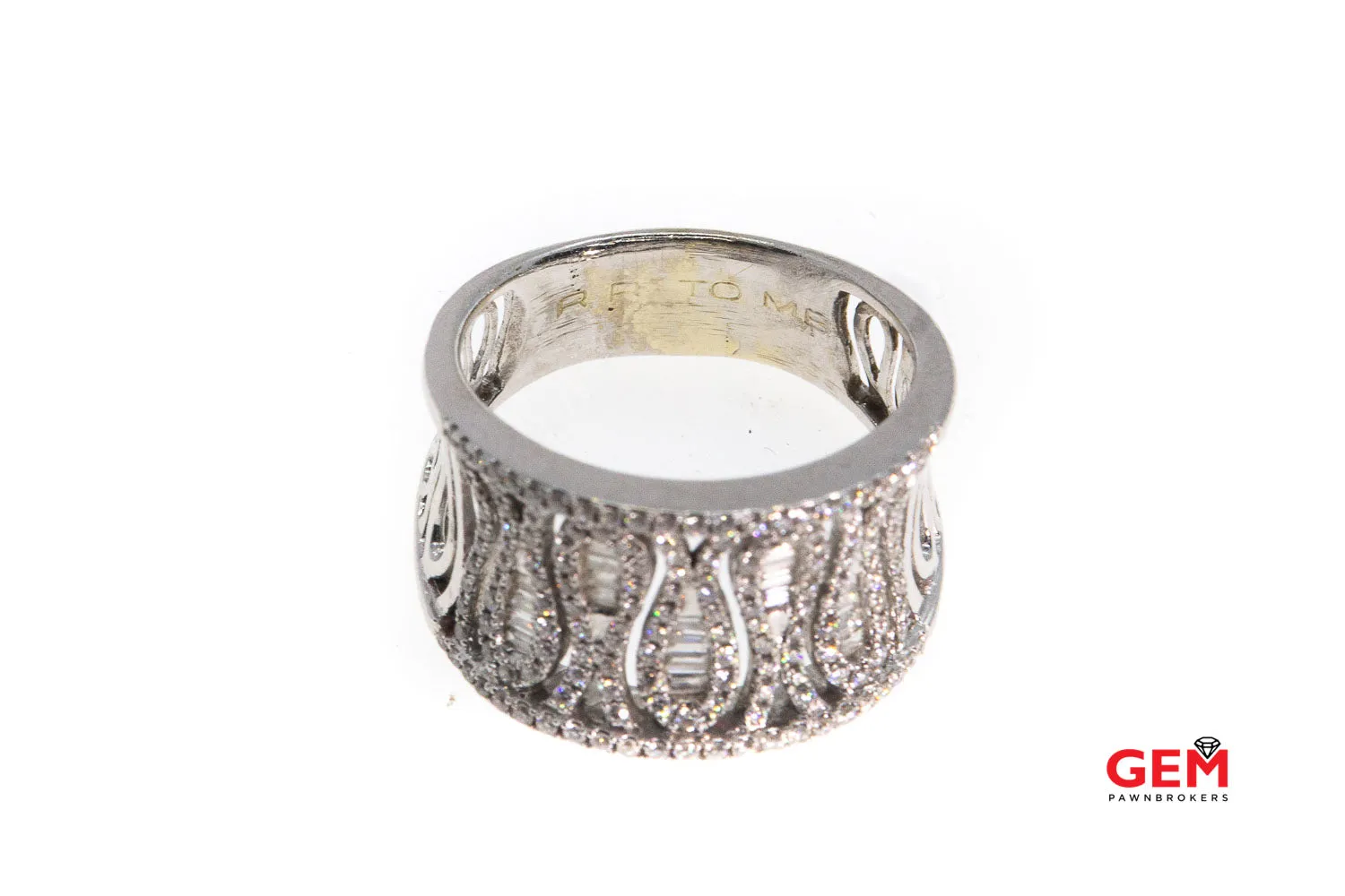 Baguette & Round Diamond Cluster Concave Zig Zag Cocktail 14K 585 White Gold Ring Size 8 1/2