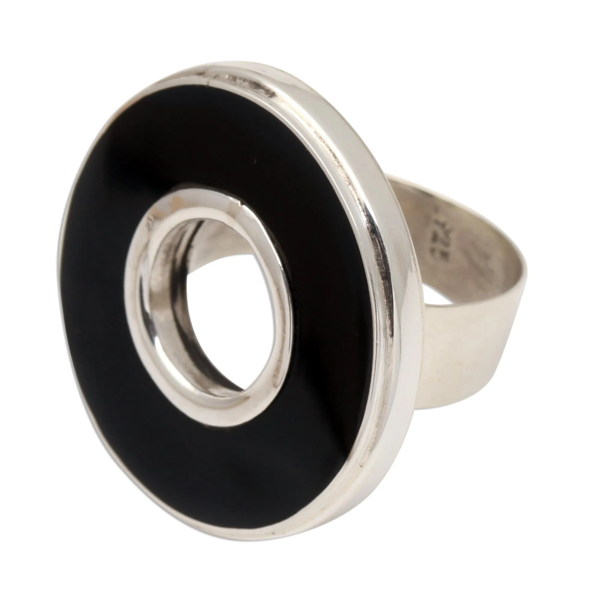 Black Resin and Sterling Silver Cocktail Ring - In the Round - Black | NOVICA