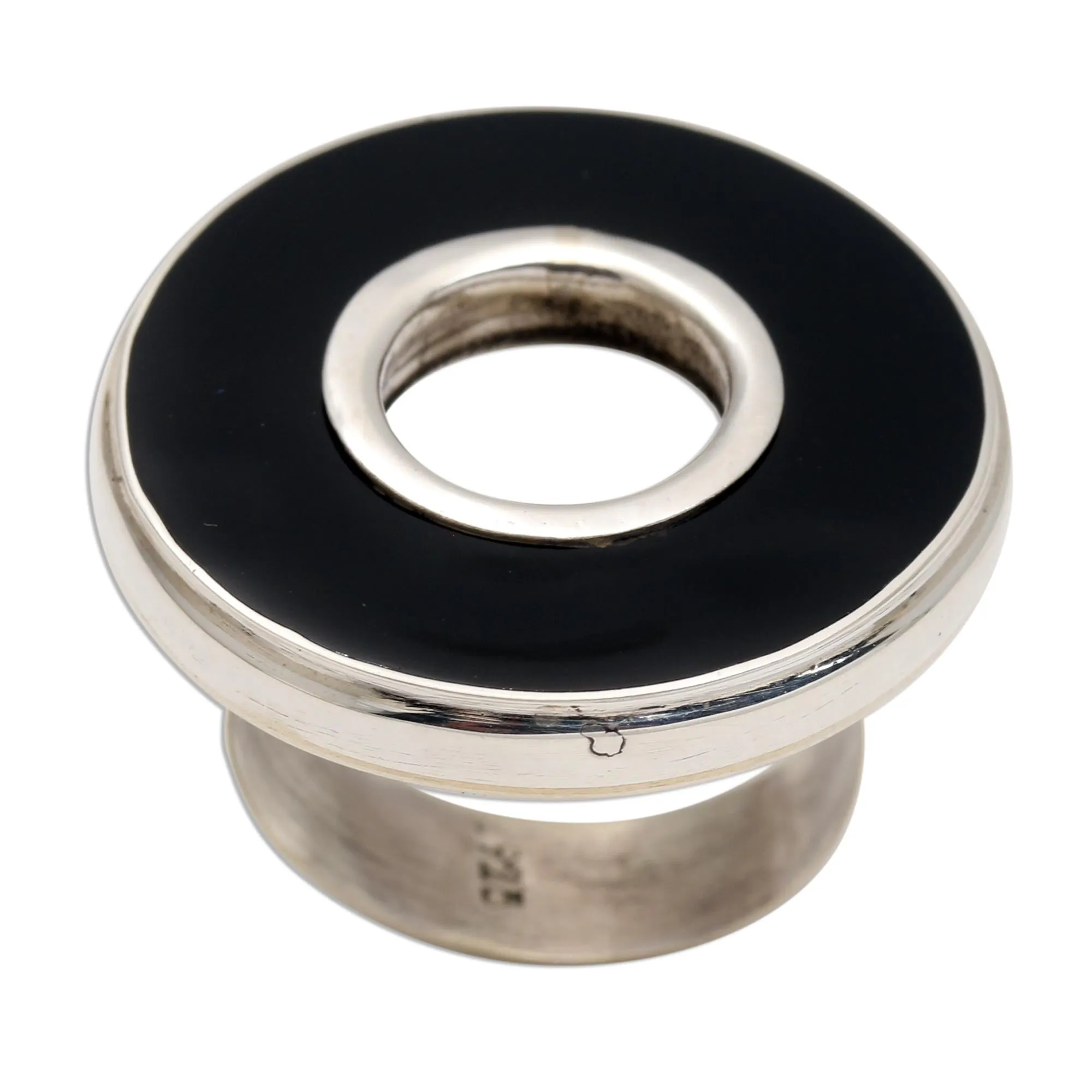 Black Resin and Sterling Silver Cocktail Ring - In the Round - Black | NOVICA