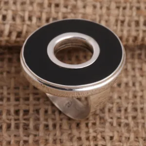 Black Resin and Sterling Silver Cocktail Ring - In the Round - Black | NOVICA