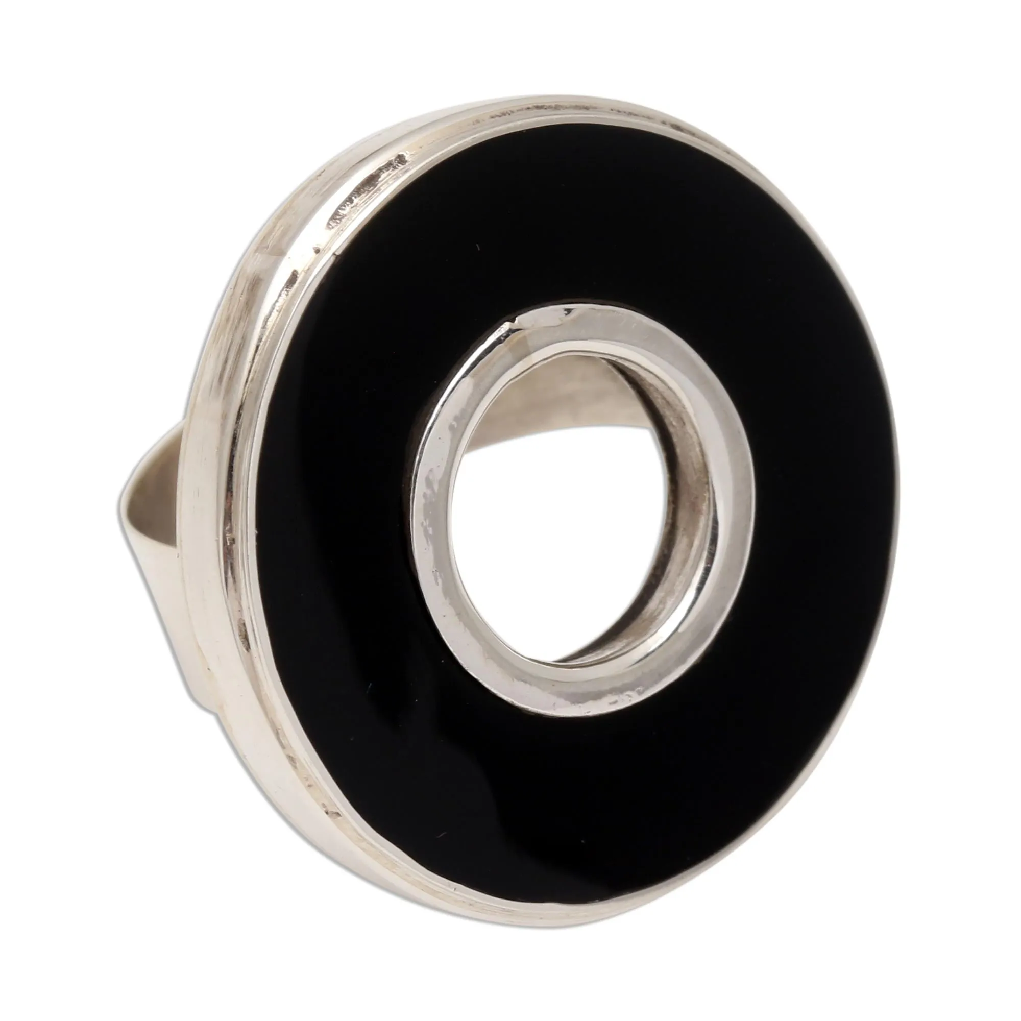 Black Resin and Sterling Silver Cocktail Ring - In the Round - Black | NOVICA