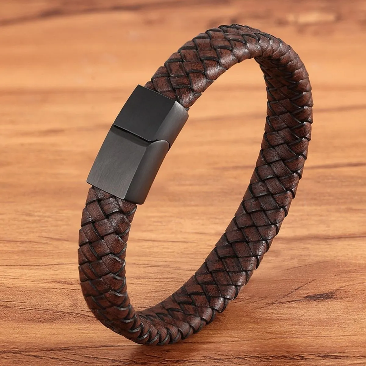 Braided Brown Leather Black Stainless Steel Wrist Band Bracelet Men