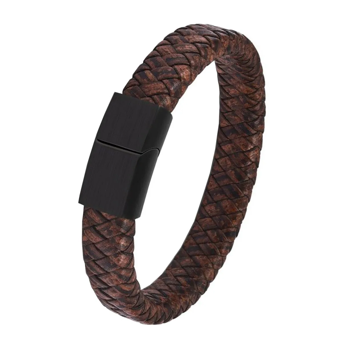 Braided Brown Leather Black Stainless Steel Wrist Band Bracelet Men