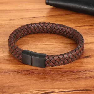Braided Brown Leather Black Stainless Steel Wrist Band Bracelet Men