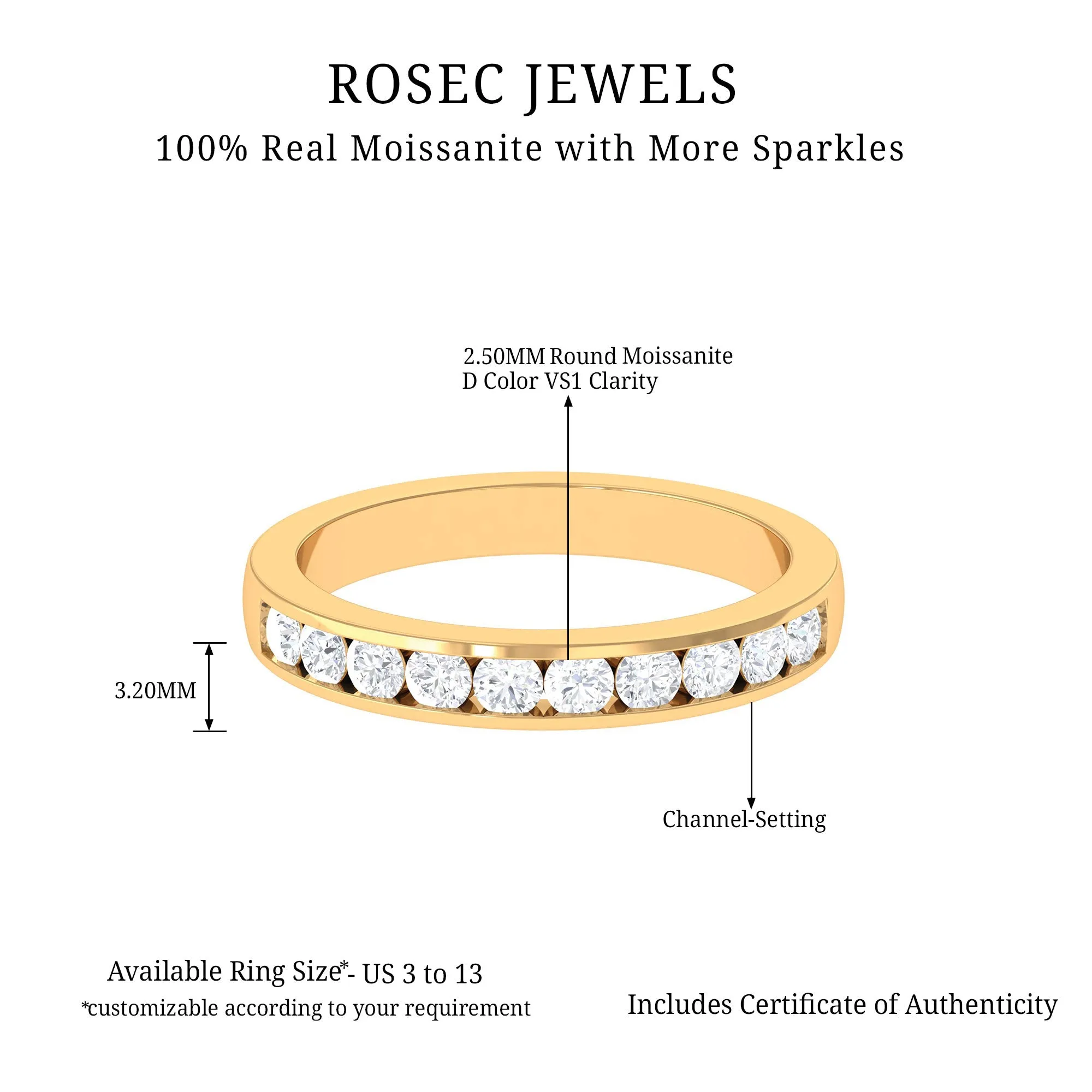Channel Set Moissanite Half Eternity Band Ring