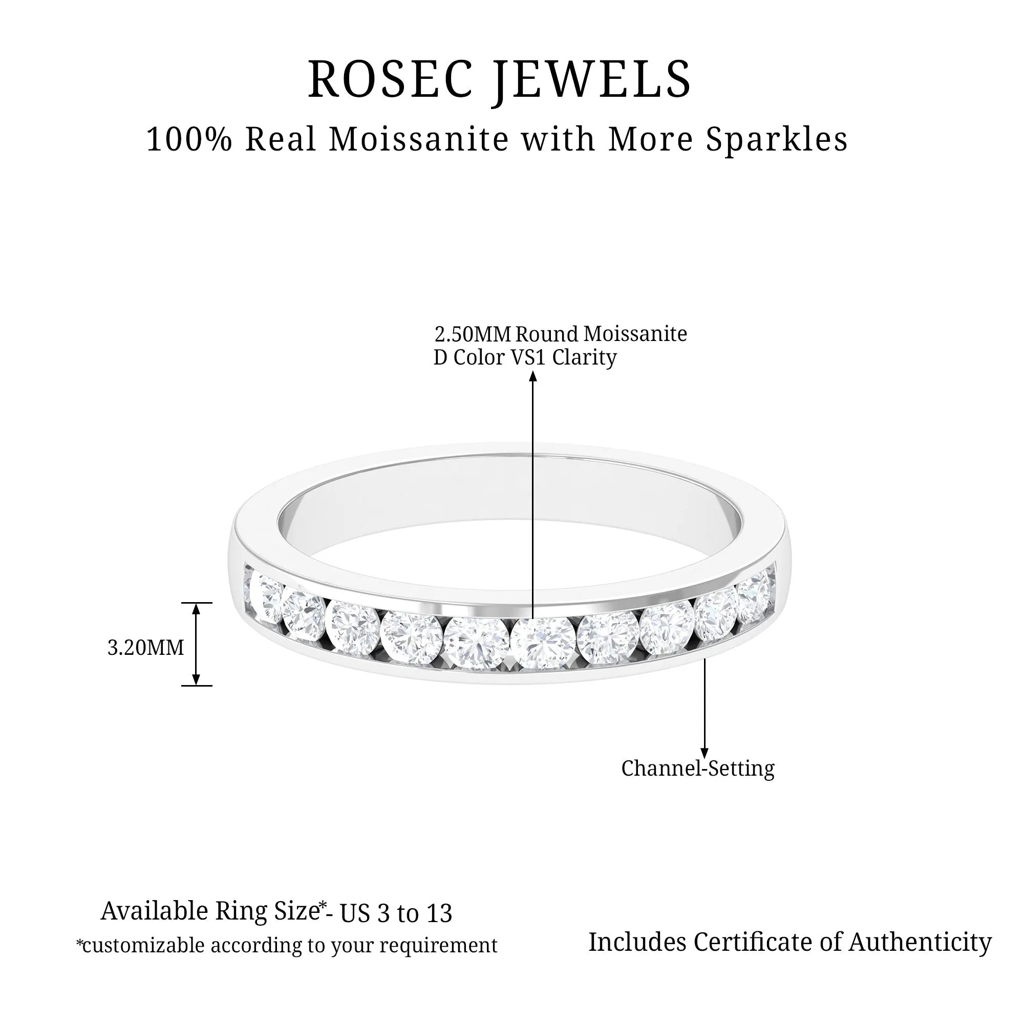 Channel Set Moissanite Half Eternity Band Ring