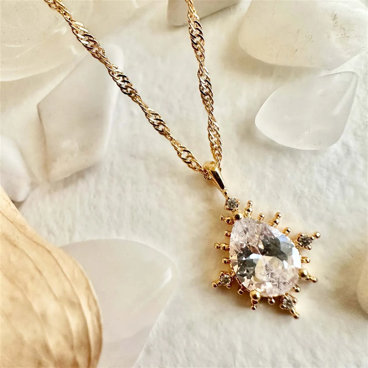 Cindel Teardrop Charm Necklace With Rhinestone Baguettes