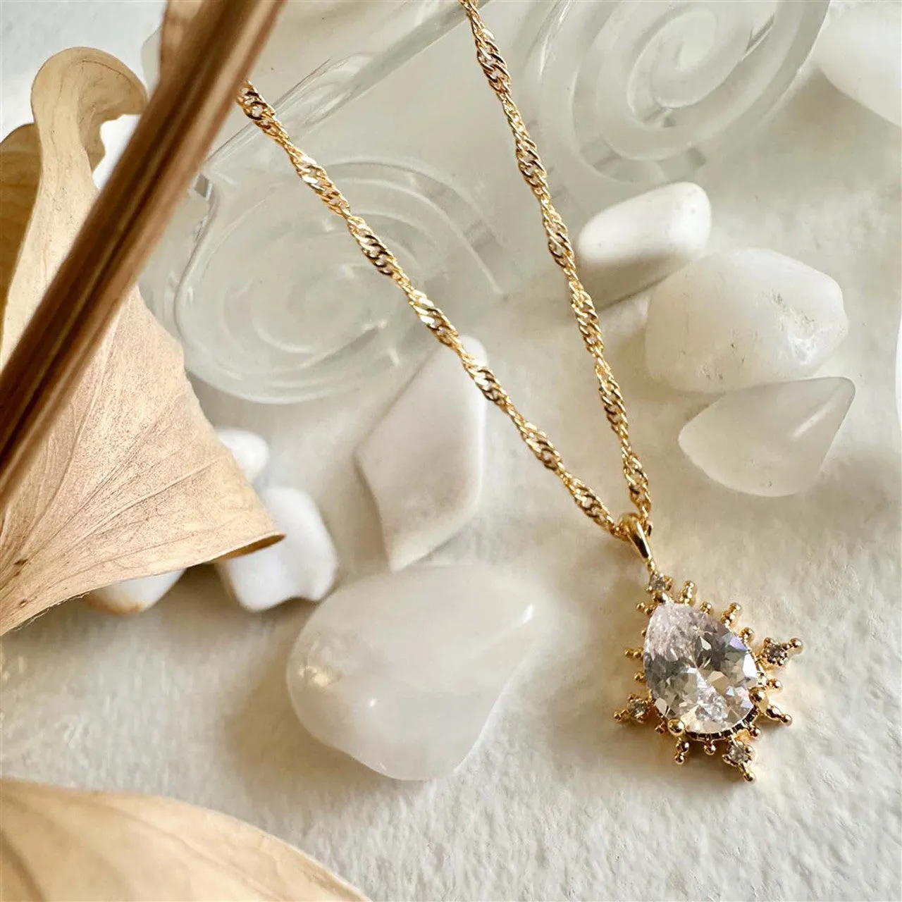Cindel Teardrop Charm Necklace With Rhinestone Baguettes