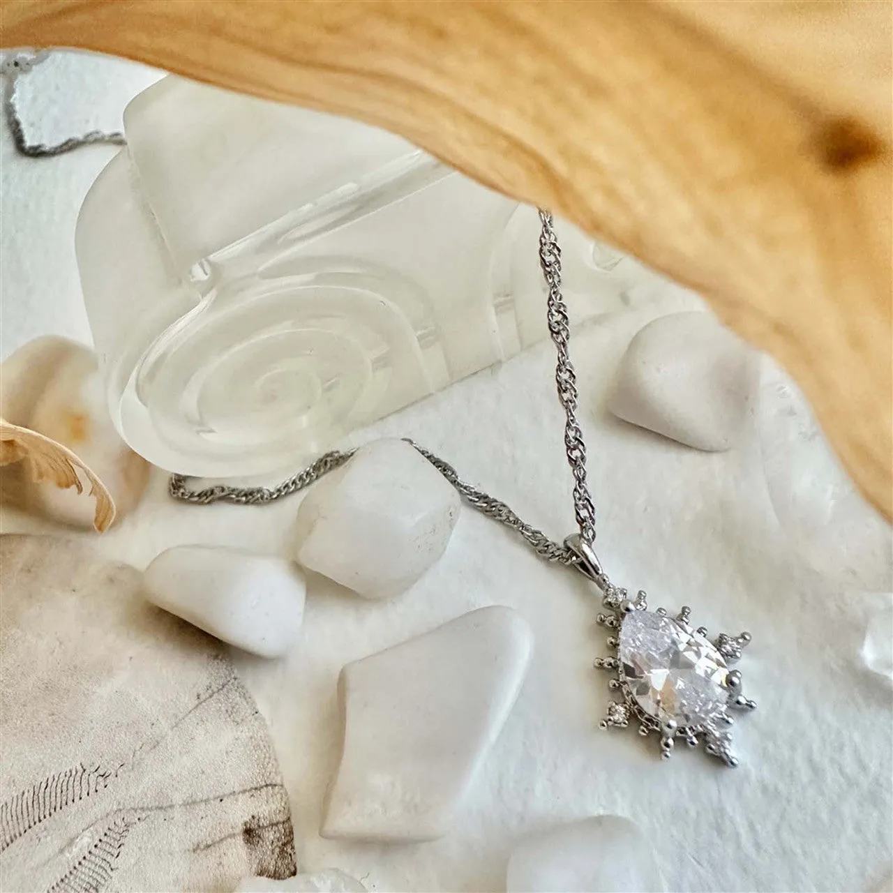 Cindel Teardrop Charm Necklace With Rhinestone Baguettes