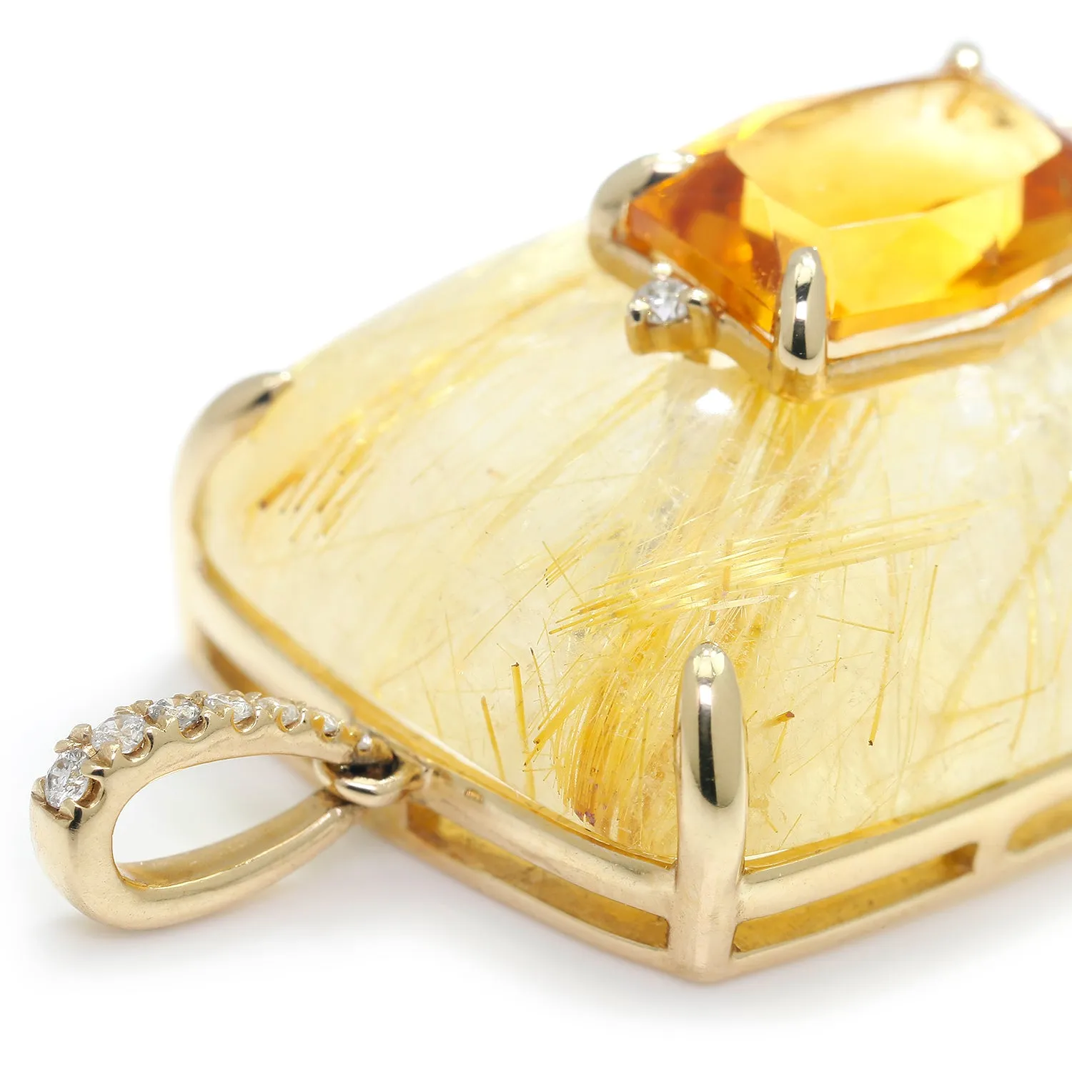 Citrine and Rutilated Quartz Pendant with Diamonds Yellow Gold