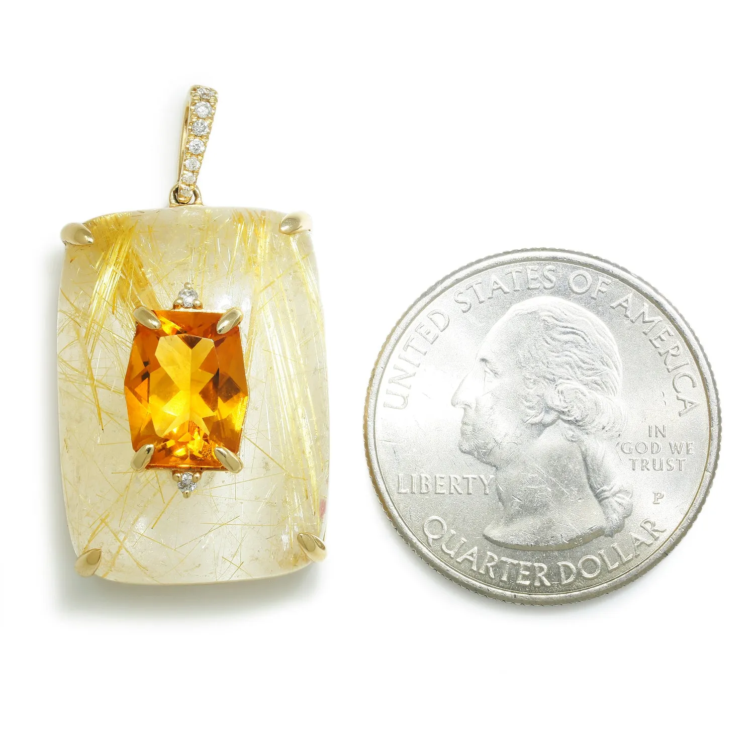 Citrine and Rutilated Quartz Pendant with Diamonds Yellow Gold
