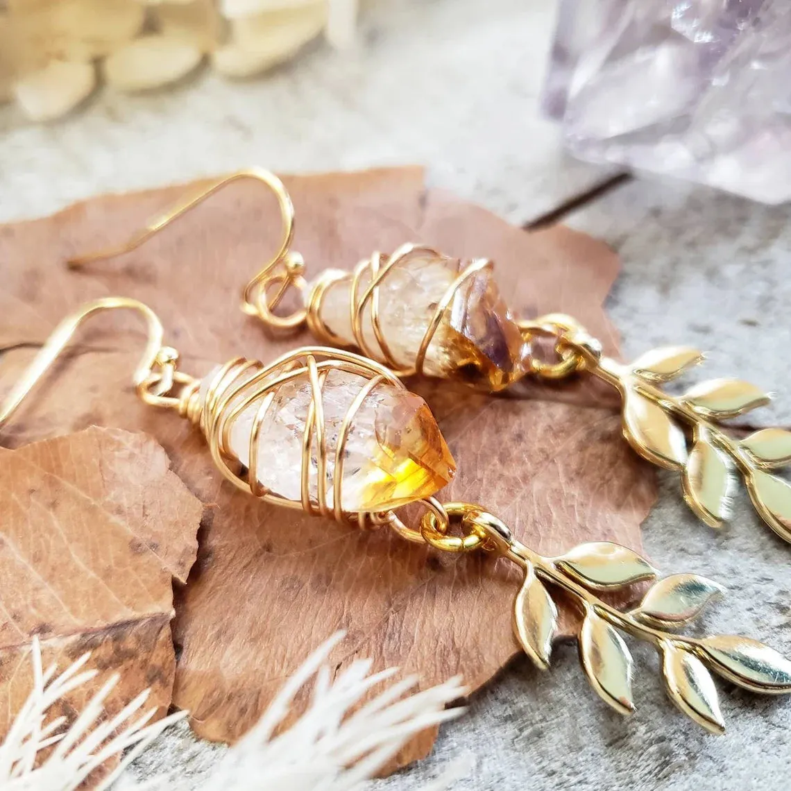 Citrine olive leaf earrings