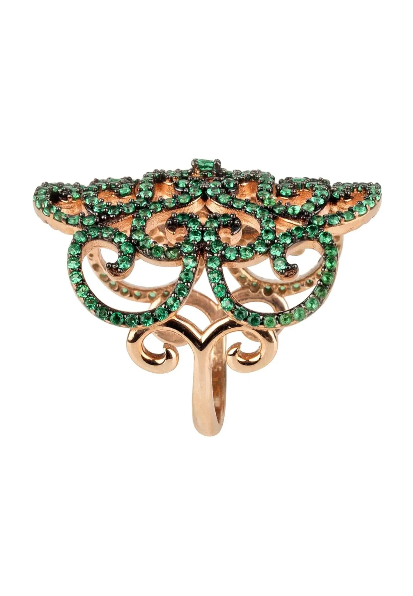 Countess Filigree Cocktail Ring Emerald Green Rosegold
