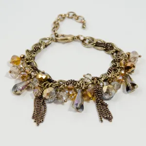 Cut glass cluster bracelet with hanging chains & cone beads