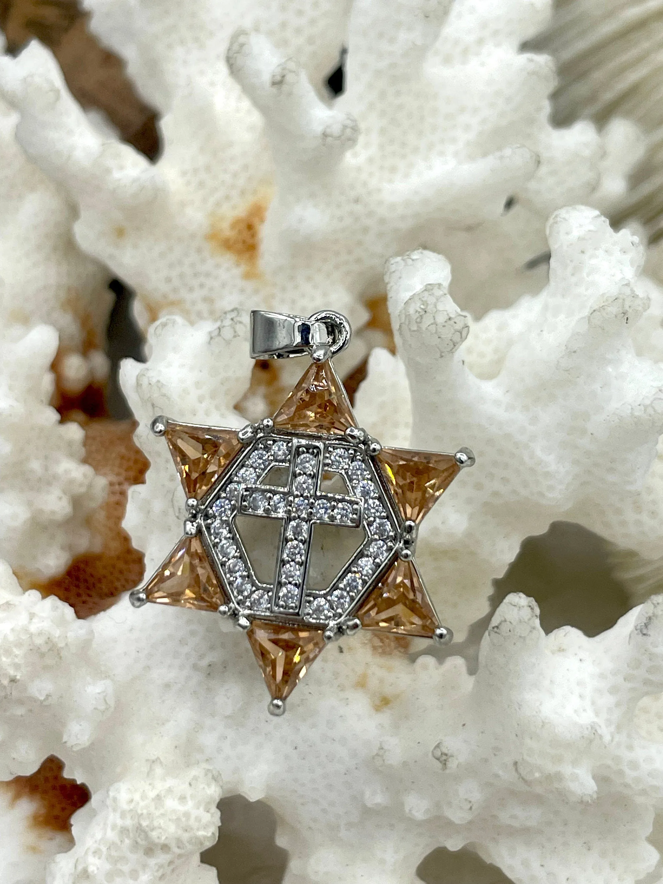 CZ Micro PAVE Star of David Charms, Topaz Colored Cz, Cubic Zirconia Cross Charms, Silver Plated Brass, CZ Pendants, Cross Charms Fast Ship