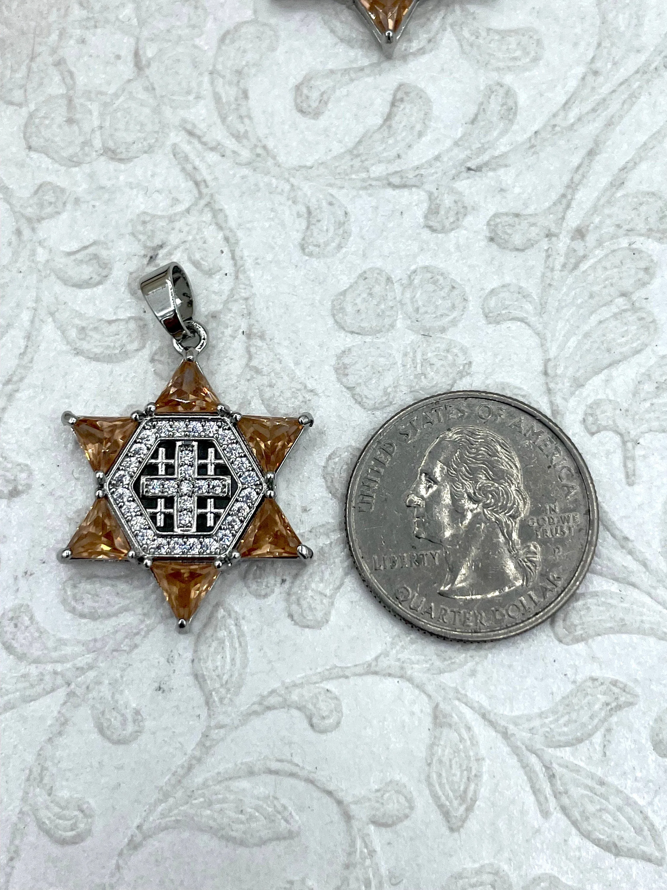 CZ Micro PAVE Star of David Charms, Topaz Colored Cz, Cubic Zirconia Cross Charms, Silver Plated Brass, CZ Pendants, Cross Charms Fast Ship
